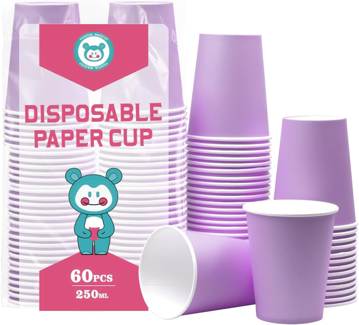 Disposable Paper Cups, 60Pcs Pink Paper Cups for DIY Wedding Party Picnic BBQ Travel and Event 8OZ (Hot Pink)