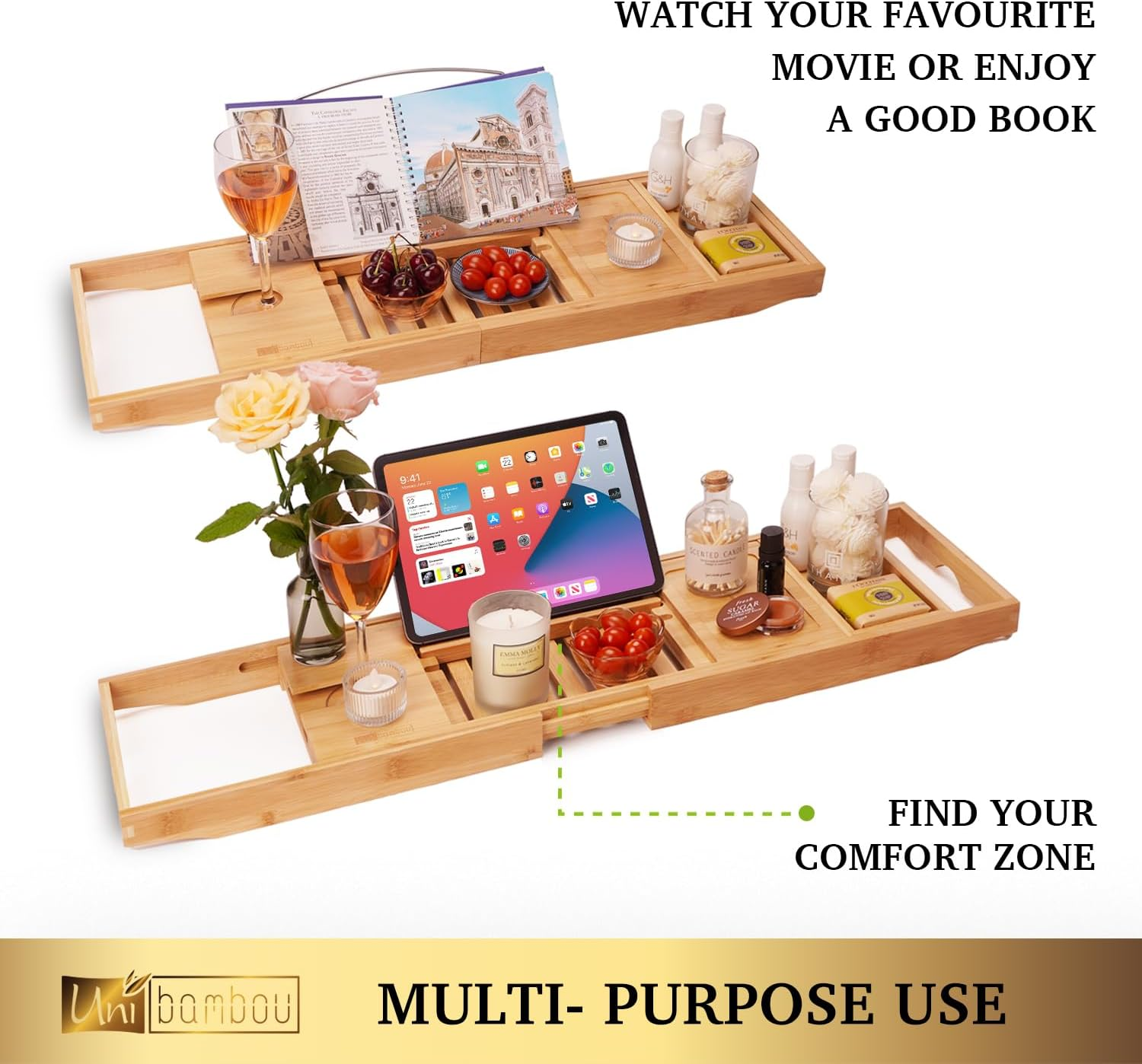 Bamboo Bathtub Caddy Tray for Luxury Bath, Expandable Bath Tray for Tub with Book and Wine Holder- Gift Idea for Loved Ones image number 1