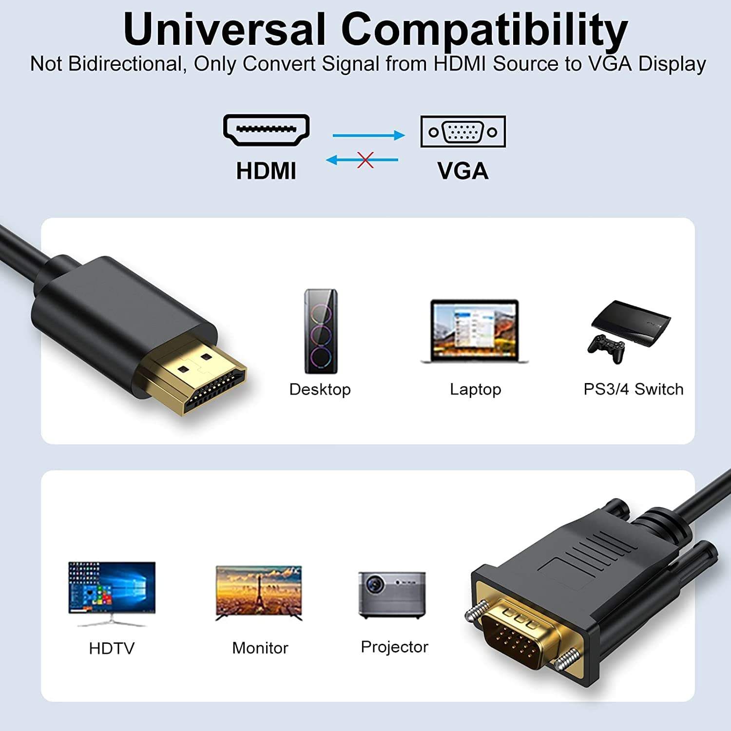 HDMI to VGA Cable 6 Feet, 1.8M HDMI to VGA (Male to Male) 1080P HD Video Cord Compatible for Computer, Desktop, Laptop, PC, Monitor, Projector, HDTV and More image number 2