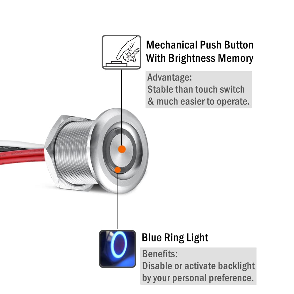 12V LED Light Dimmer, Stainless 12 Volt PWM Dimmer Switch 6A for Boat Campervan Caravan Car Lighting, Push Switch for DC 12V Dimmable LED Lamp Strip Light, Recessed Mount Hole 19Mm image number 2