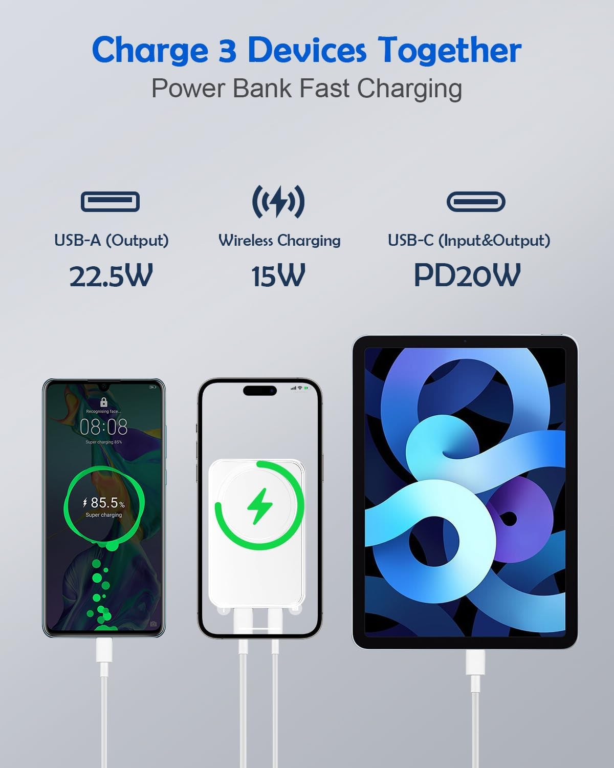 Wireless Portable Charger, Mini Magnetic 10000Mah Power Bank 15W Fast Wireless Charging 22.5W USB PD QC3.0 Type-C LED Display Battery Pack Compatible for Iphone 14/15/13/12 Series (White)