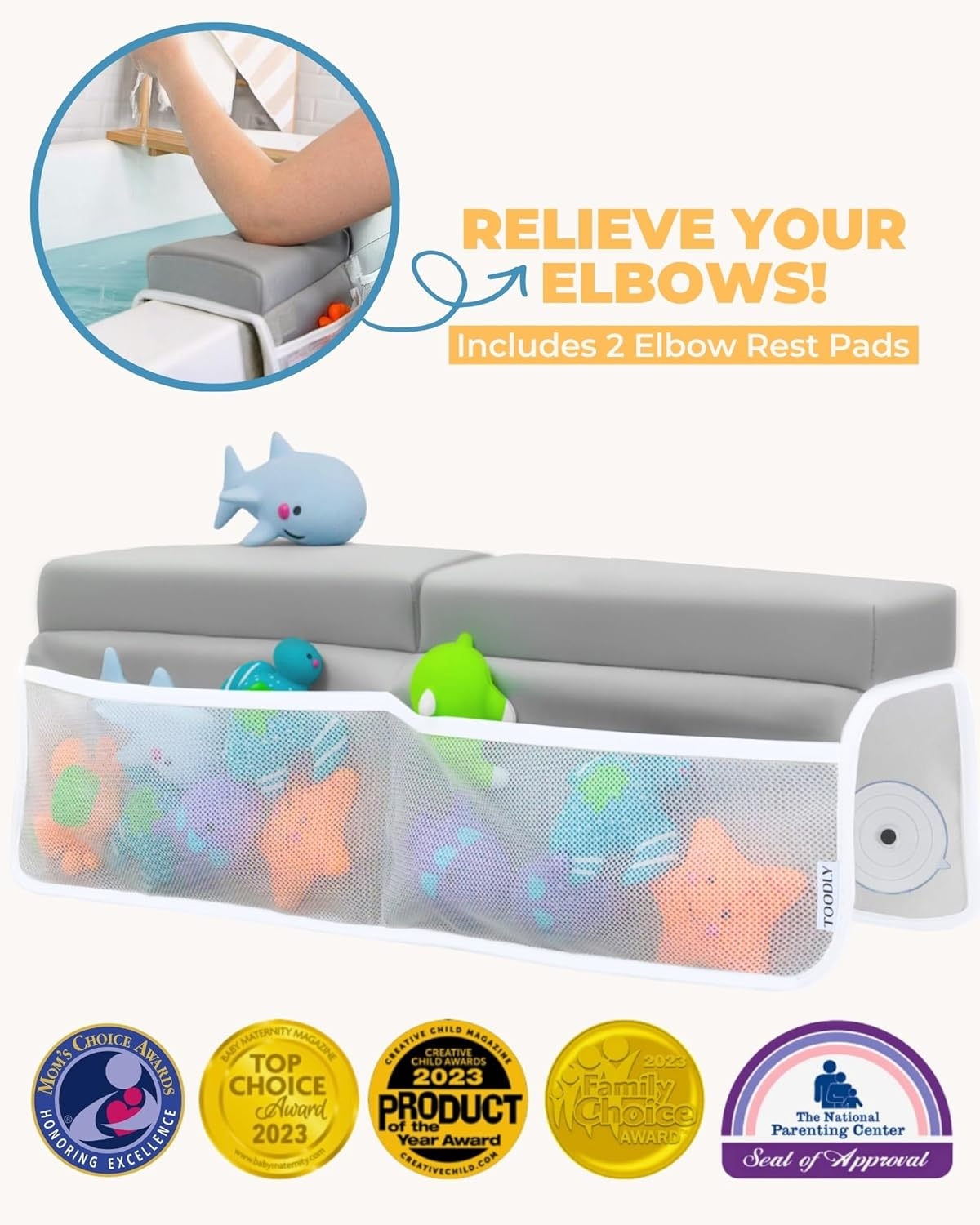 Comfortable Baby Bath Kneeler and Elbow Rest Pad Set - Thickest Bathtub Kneeler Pad with Memory Foam and Bath Toys Organizer - Bath Kneeling Pad for Bathing Baby - Relieve Your Knees and Elbows (Grey) image number 3