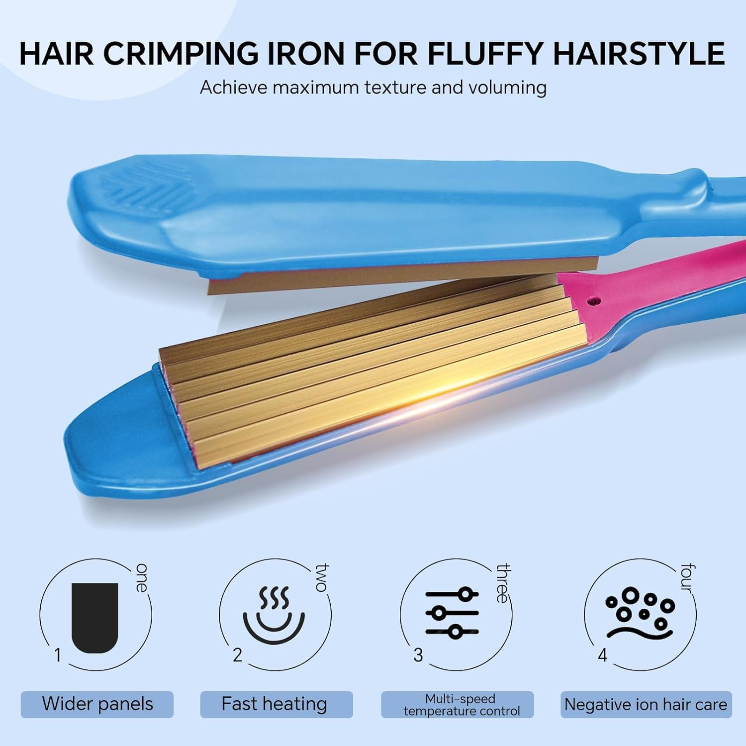 Hair Crimper 30S Rapid Heating Volumizing Crimping Iron for Fluffy Style Professional Crimping Iron for Women 5 Adjust Temp (Blue) - Blue image number 6