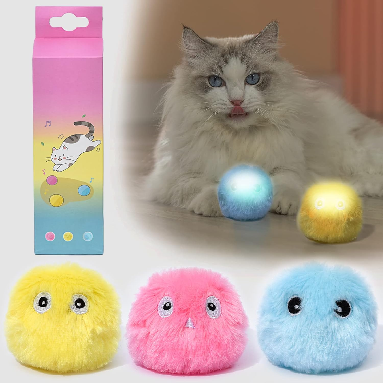 Pack of 3 Glow Cat Balls Interactive Cat Toy Ball with Sound Kitten Toy Plush Ball Cat Toy Self-Engineering Cat Toy Balls with Lifelike Animal Sounds for Cat