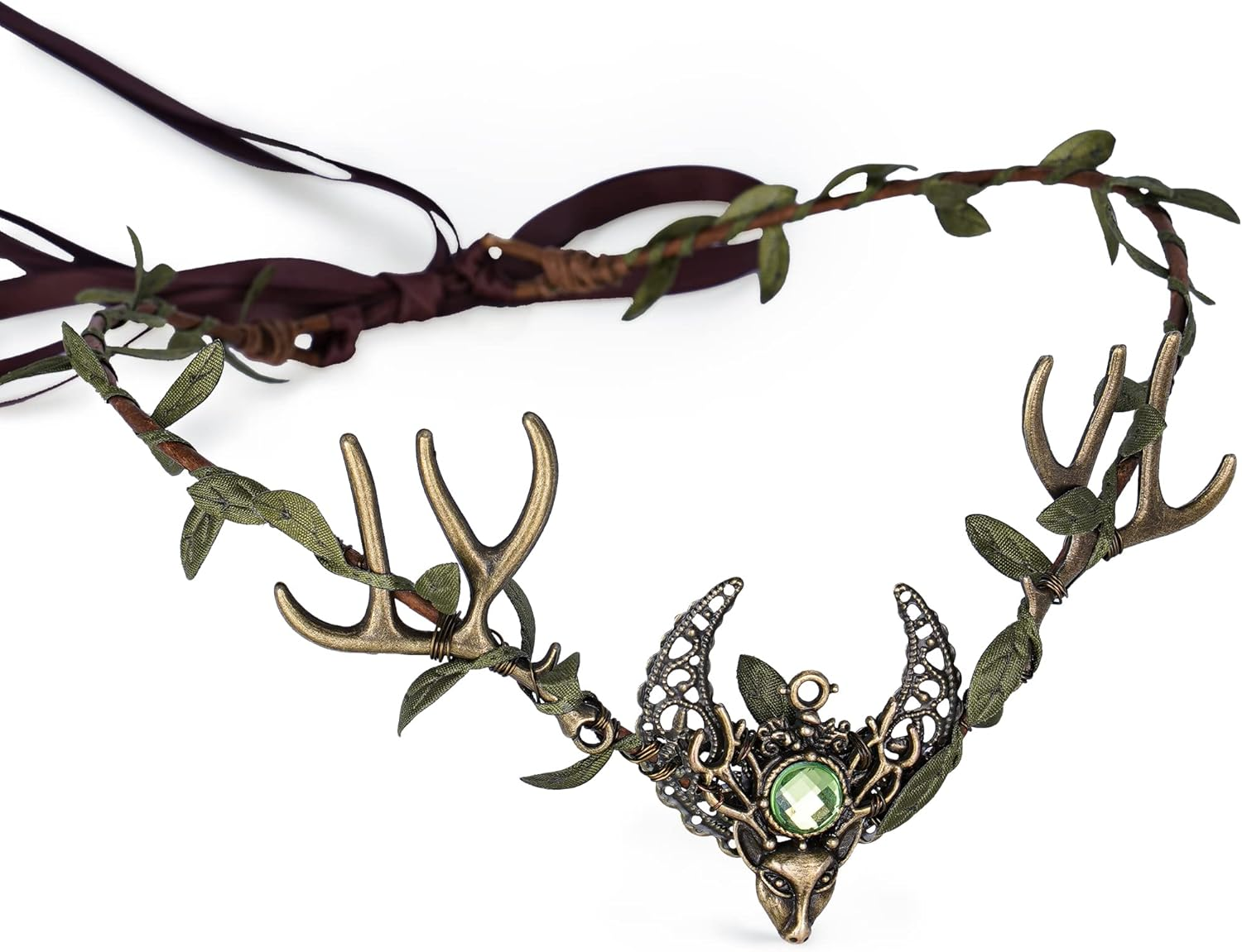 MOSTORY Handmade Deer Antler Crown Headband Forest Elf Headpiece Woodland Green Leaf Tiara Circlet for Wedding Bridal Themed Party Carnival Cosplay Festival Costume Accessory Green image number 2