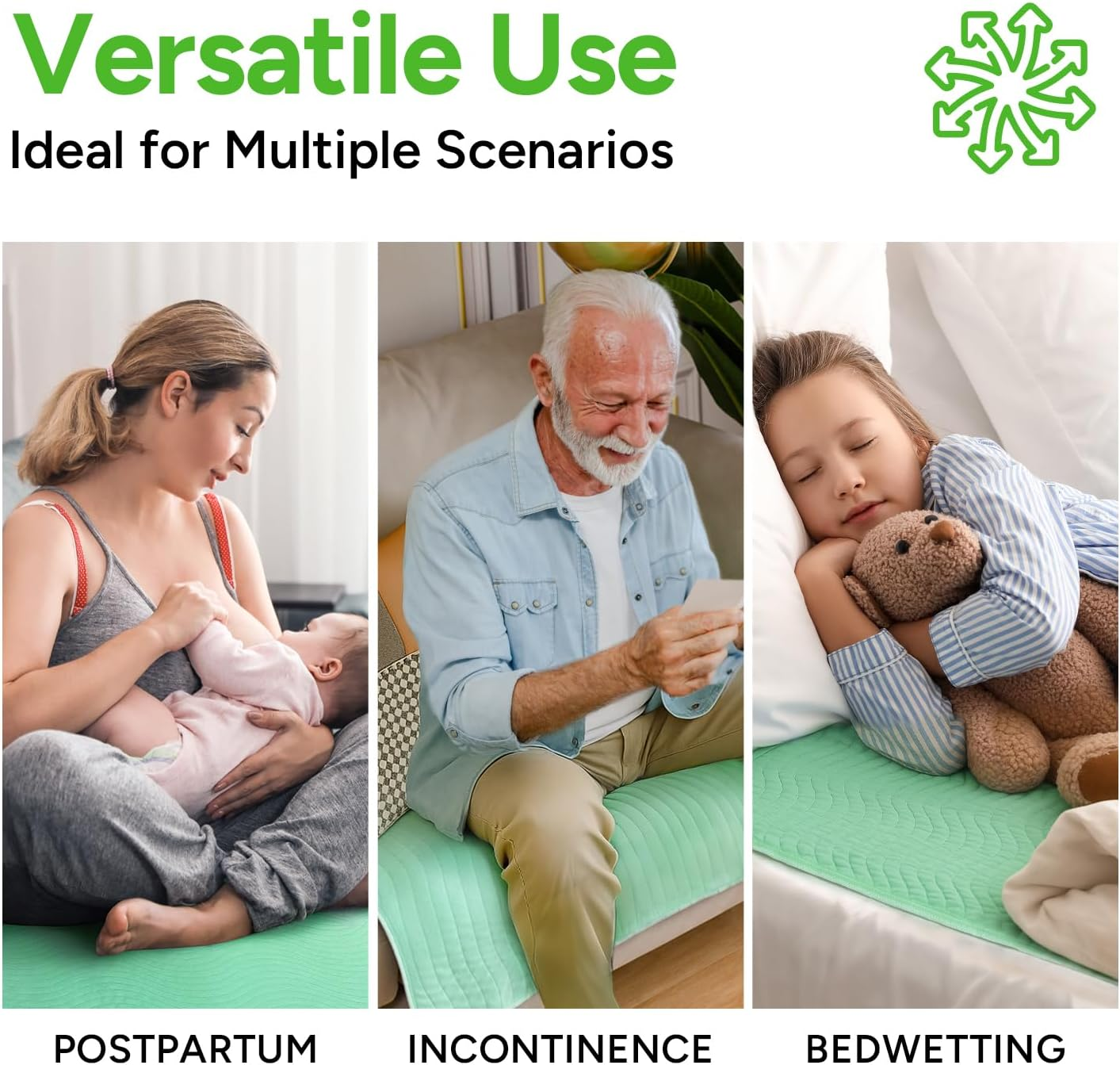 Whyworry Washable Bed Pads for Adult Incontinence, 86X91Cm (Pack of 4) Waterproof Mattress Protector for Bed Wetting, Heavy Absorbent Reusable Underpads for Elderly & Kids, Washable Pee Pads, Green image number 5