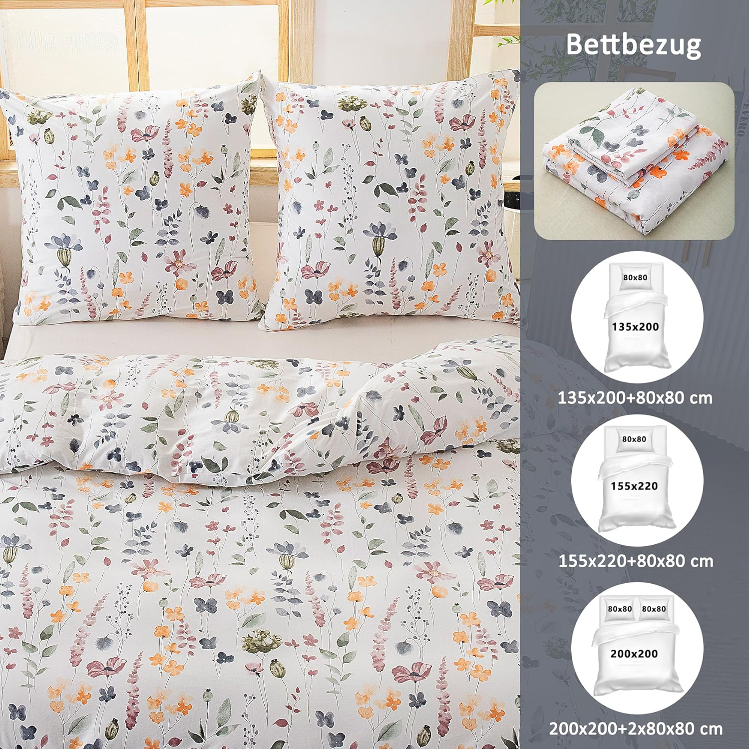 Atsense Bed Linen 155 X 220 Cm Cotton, 2-Piece Bed Linen Sets, Colourful Plants Flowers Pattern, Oeko-Tex Soft Duvet Cover Set with Zip and 1 Pillowcase 80 X 80 Cm image number 4