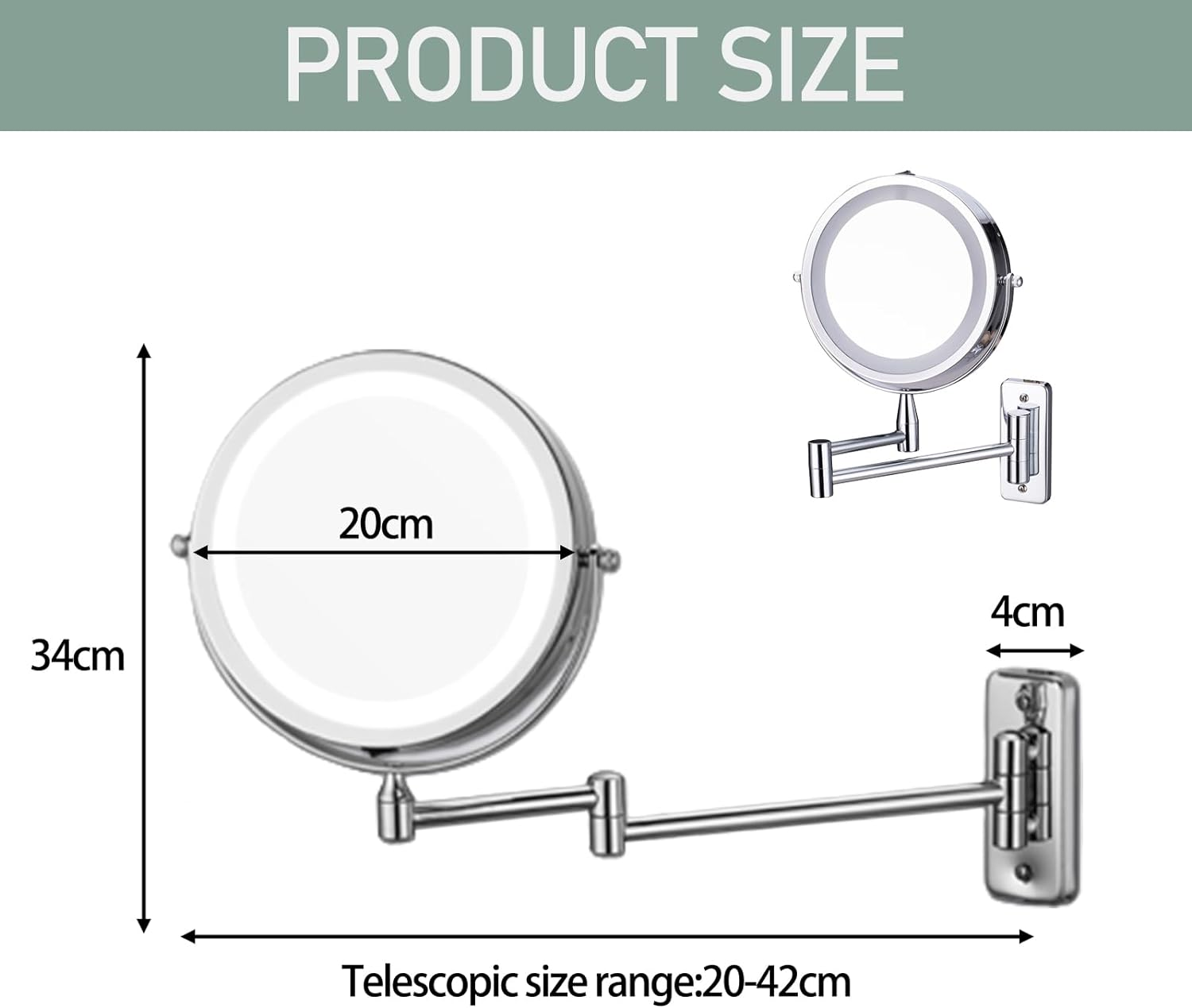 Wall Mounted Lighted Makeup Mirror, Double Sided Vanity Mirror with 1X 10X Magnifying Bathroom Mirror, 3 Color Lighting, Touch Screen Dimming, Extended Arm 360 Rotation Shaving Light up Mirror image number 4