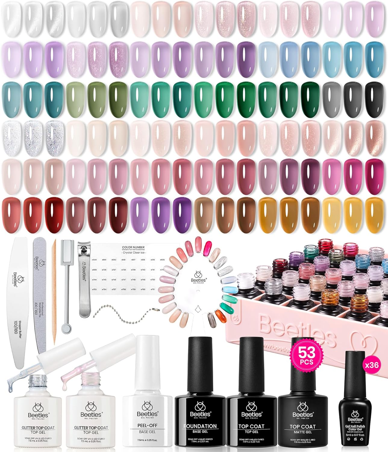 Beetles Jelly Gel Nail Polish Set 53Pc 36 Colours Jelly Pink Milky White Red Black Blue Green Silver Cat Eye Glitter Base & Top Coats &ndash; Crystal Ice Collection for French Nails Manicure Gift image number 1