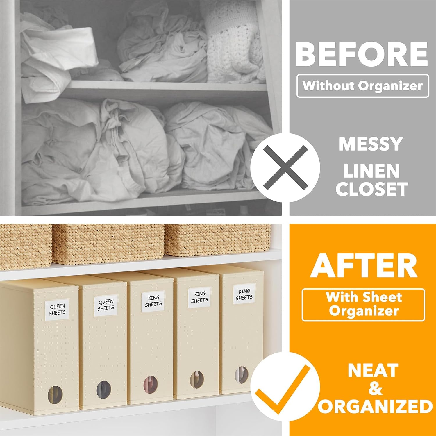 Spaceaid 5 Pack Bed Sheet Organizers and Storage, Foldable Sheet Organizer for Linen Closet, Sheets Set Folder Keeper with Window XL (Queen & King Size) Organizing Bedding Container, Beige image number 4