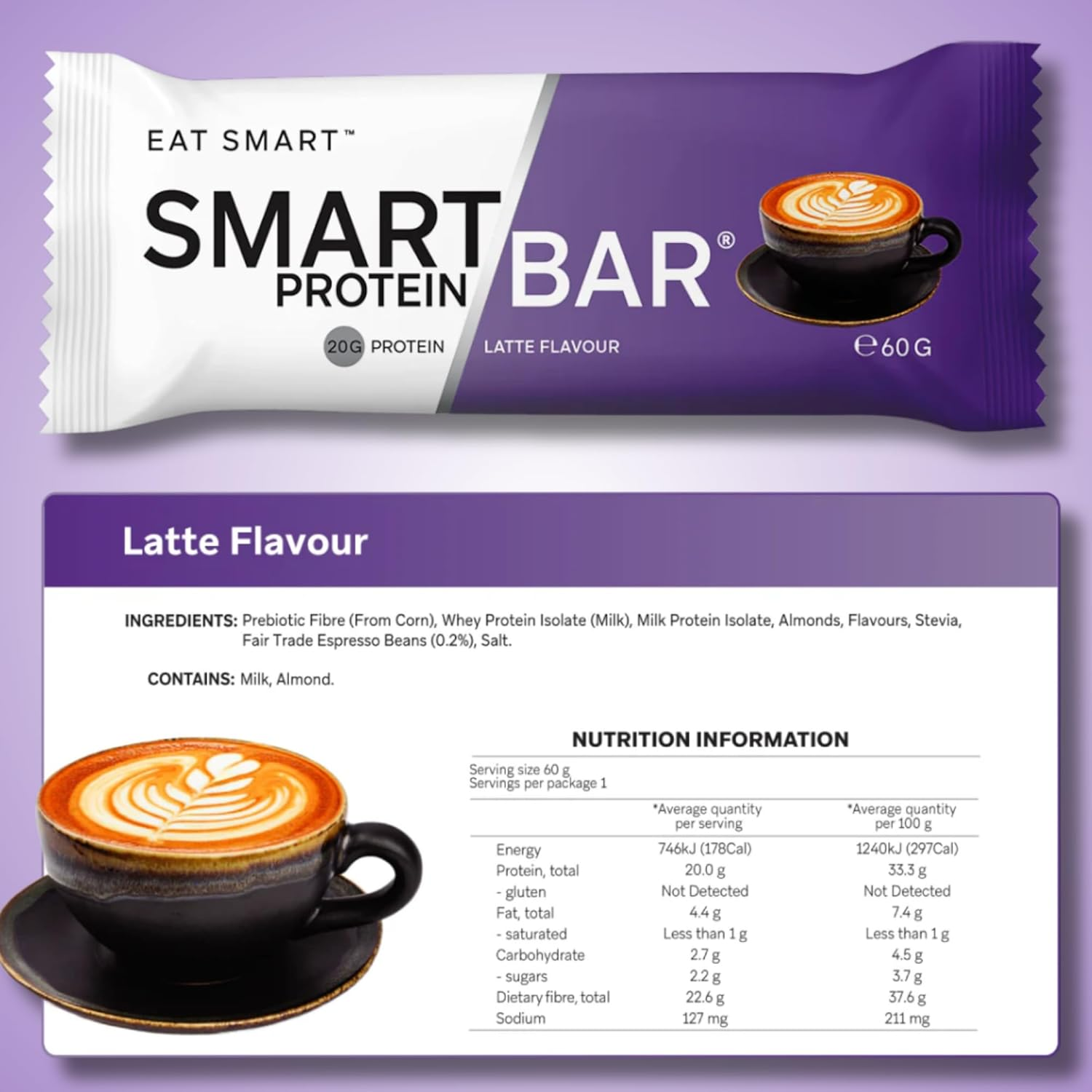 Smart Bars Protein Bar - Latte, 12 X 60 G | 20 G High Protein Snack, Keto Friendly, Nutritional, Low-Carb, Low Sugar image number 2