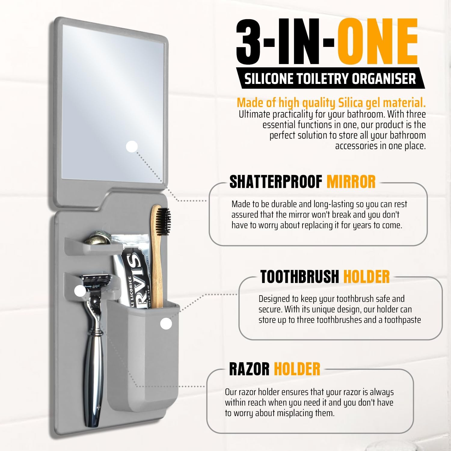 Fog Beating Shower Mirror with Built-In Razor Hook | Powerful Suction, Guaranteed Fog-Free | Unbreakable | Ideal for Travellers, plus a No Slip Silicone Toiletry Holder - Ingenious Bathroom Companion image number 1