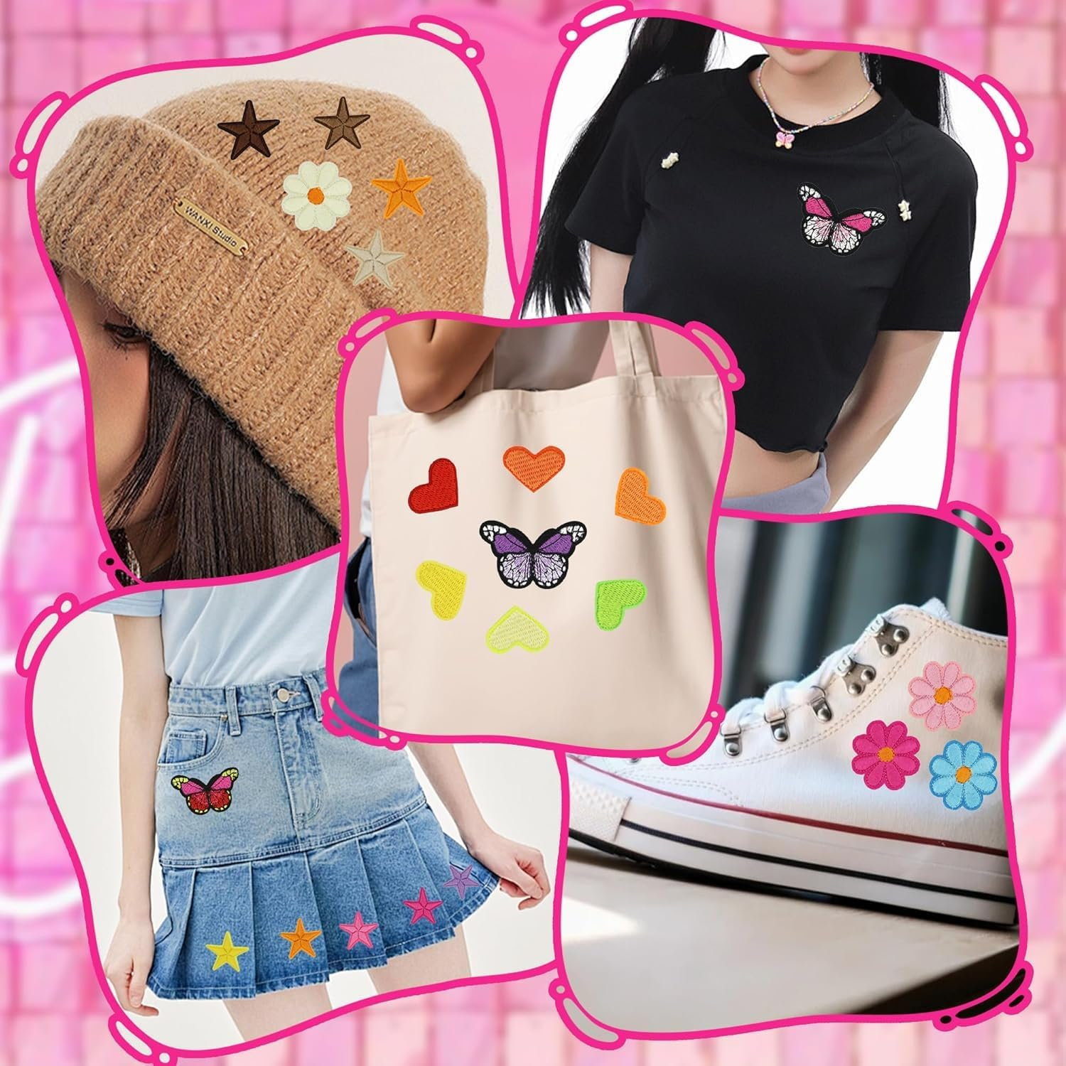 87 Pack Iron on Patches for Clothes, Assorted Styles Sew on Embroidery Patches, Flower Heart Butterfly Star Iron on Patches, Small Iron on Patches for Hats Jeans Jackets DIY image number 3
