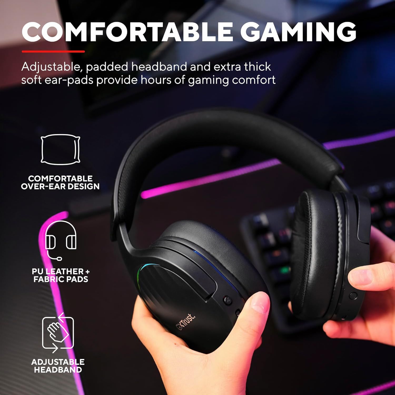 Trust Gaming GXT 491 Fayzo Gaming Headset Bluetooth + 2.4 Ghz, 7.1 Surround Sound, 22H Battery Life, 85% Recycled Plastic RGB Over-Ear Headphones Wireless Bluetooth PC PS5 PS4 Switch, Black - Black image number 3