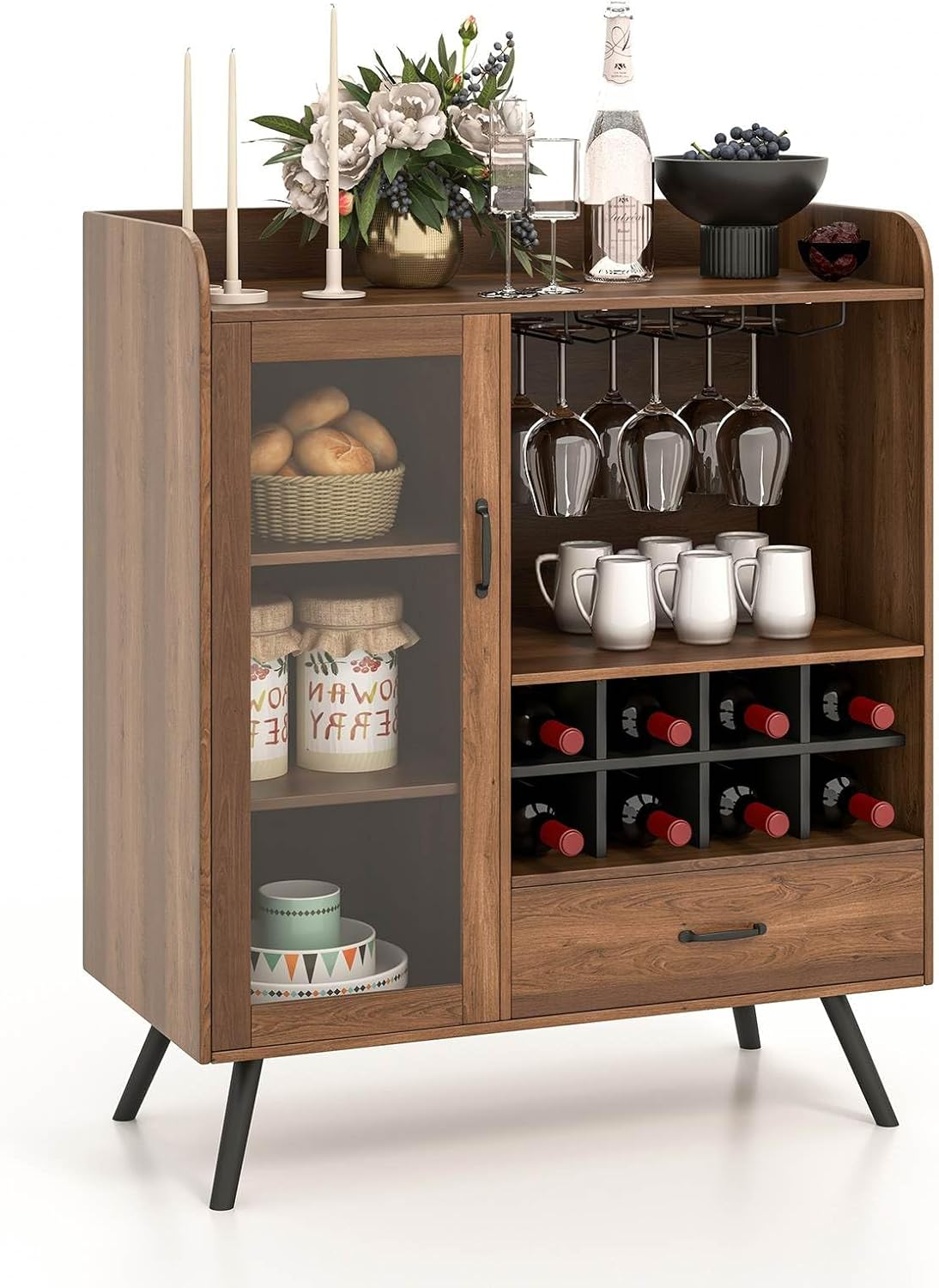 Giantex Buffet Sideboard, Wine Cabinet with Removable Wine Rack, Drawer, Shelves, Tempered Glass Door & Glass Holder, Wooden Wine Storage Sideboard for Kitchen Dining Room Living Room image number 1
