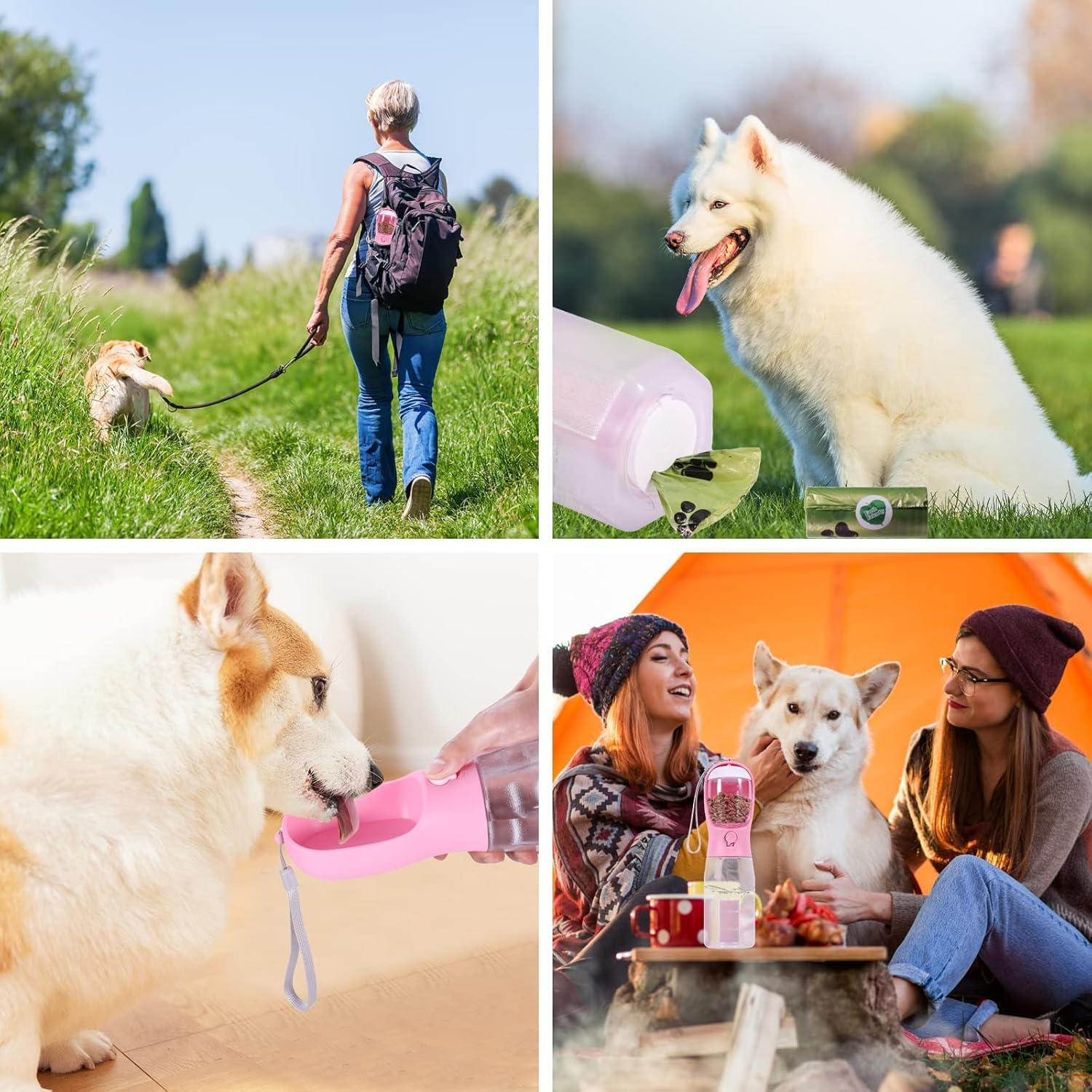 Dog Water Bottle with Food Container & Poop Bag Holder, Portable Pet Dispenser, Dog Stuff Accessories Items, Puppy Essentials Necessities for Yorkie Chihuahua Walking Hiking (Pink)