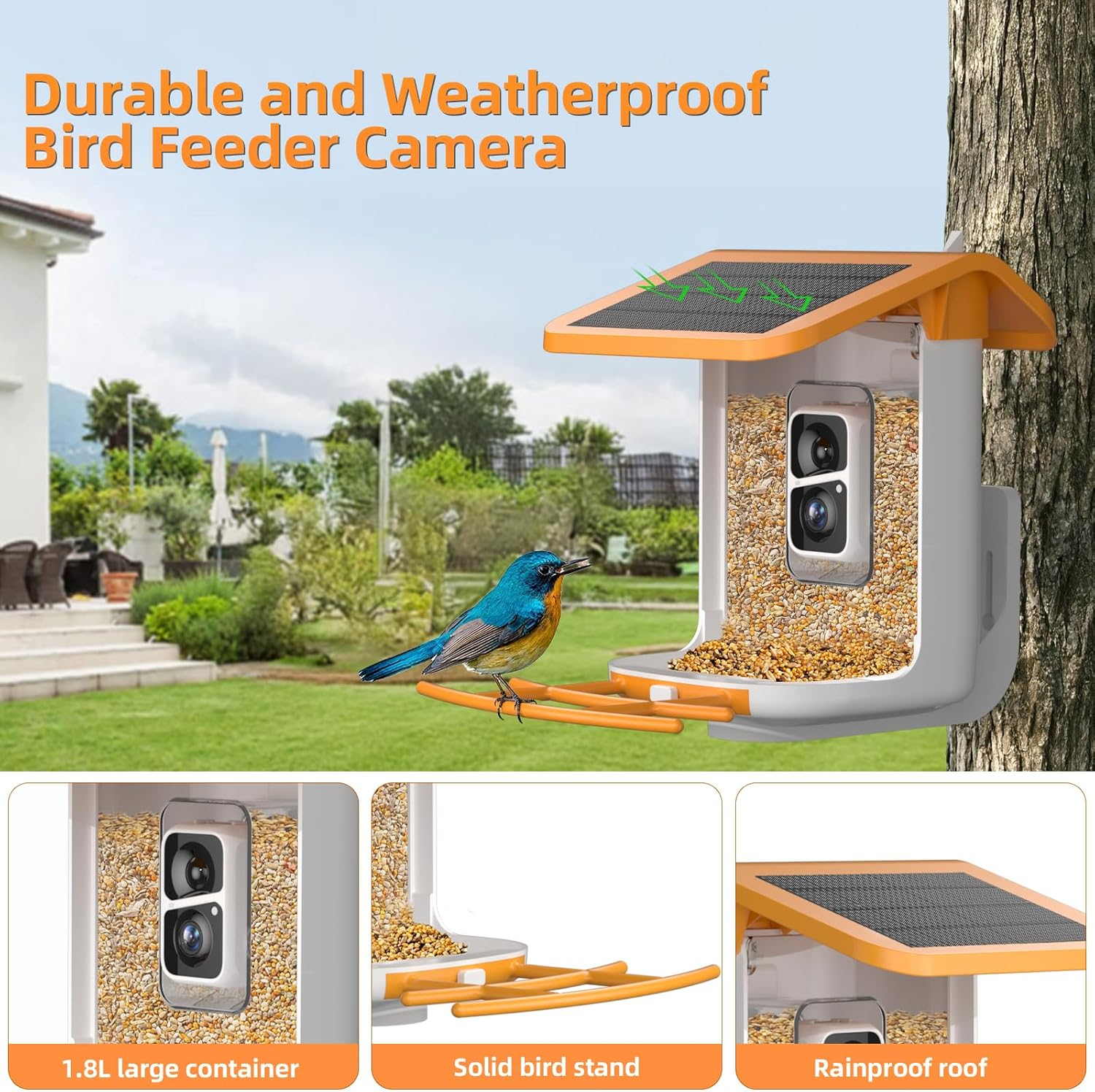 Bird Feeder with Camera - Identifies 11,000+ Bird Species, Full Color & Infrared Night Vision, Solar Powered, Auto Video Capture & Instant Alerts, IP65 Waterproof, 1.8L Large Capacity,White image number 1