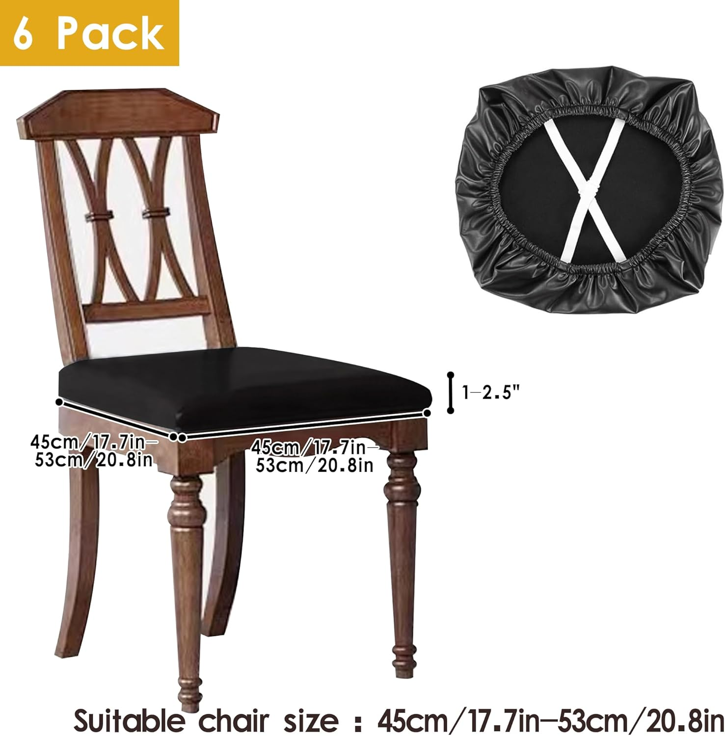 6 PCS PU Leather Dining Chair Seat Covers, Waterproof Stretch Chair Slipcovers, Seat Protectors for Kitchen & Dining Room Chairs (Black) image number 6