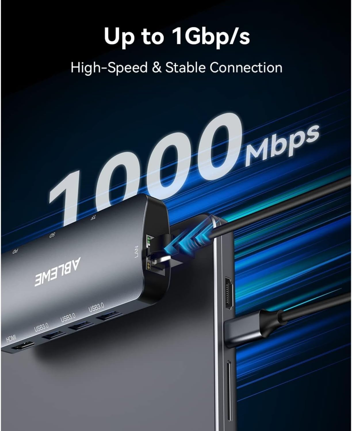 ABLEWE USB C to Ethernet Hub, 8-In-1 Macbook Adapter with 4K@60Hz HDMI, 1000Mbps Ethernet, 100W PD, SD/TF Card Reader, 3 USB 3.0 Ports, Multiport Docking Station Compatible for Macbook, Tablet, Phone image number 1