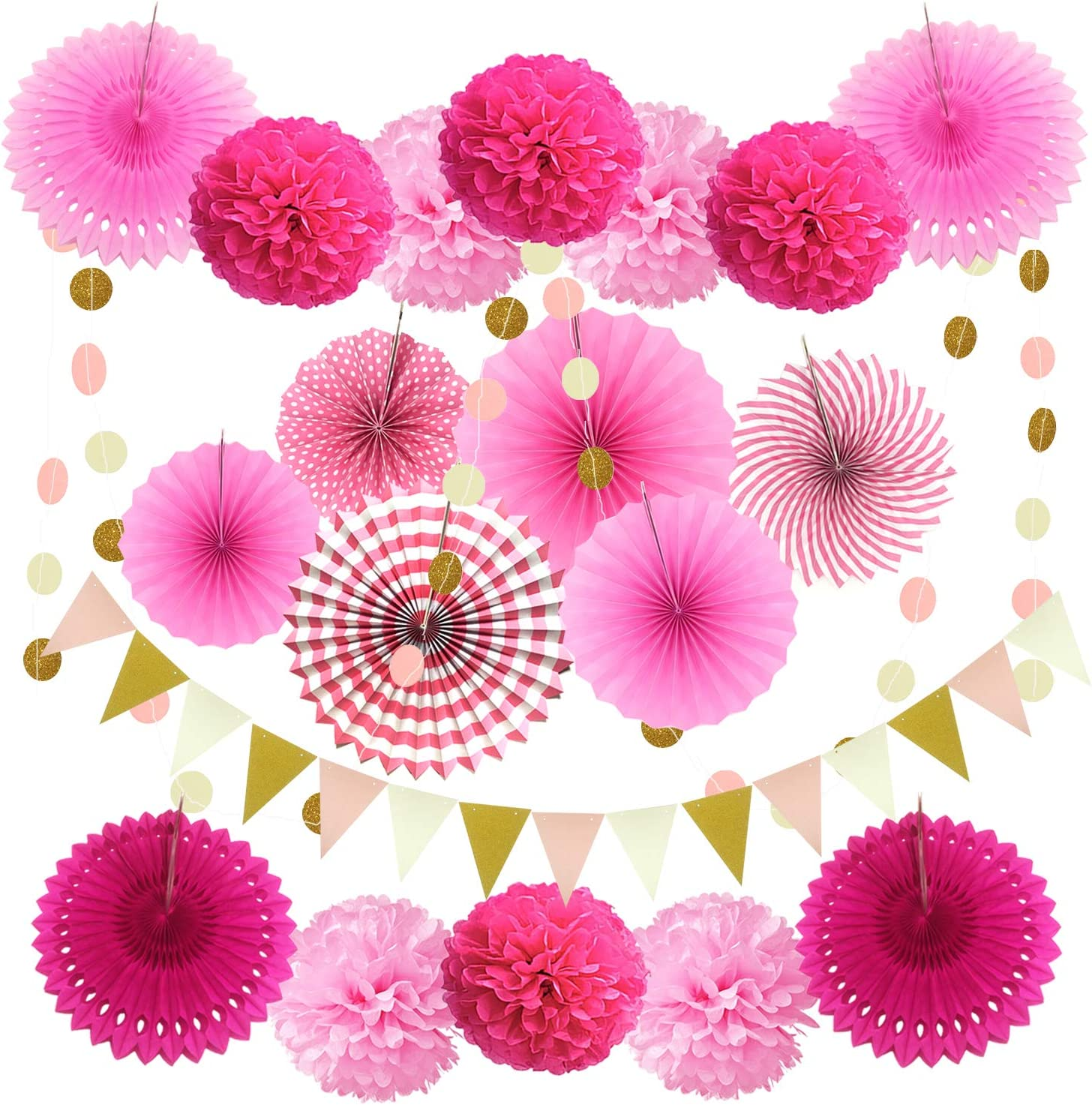 Zerodeco Party Decoration, 21 Pcs Pink Hanging Paper Fans, Pom Poms Flowers, Garlands String Polka Dot and Triangle Bunting Flags for Birthday Parties, Bridal Showers, Baby Showers, Wedding