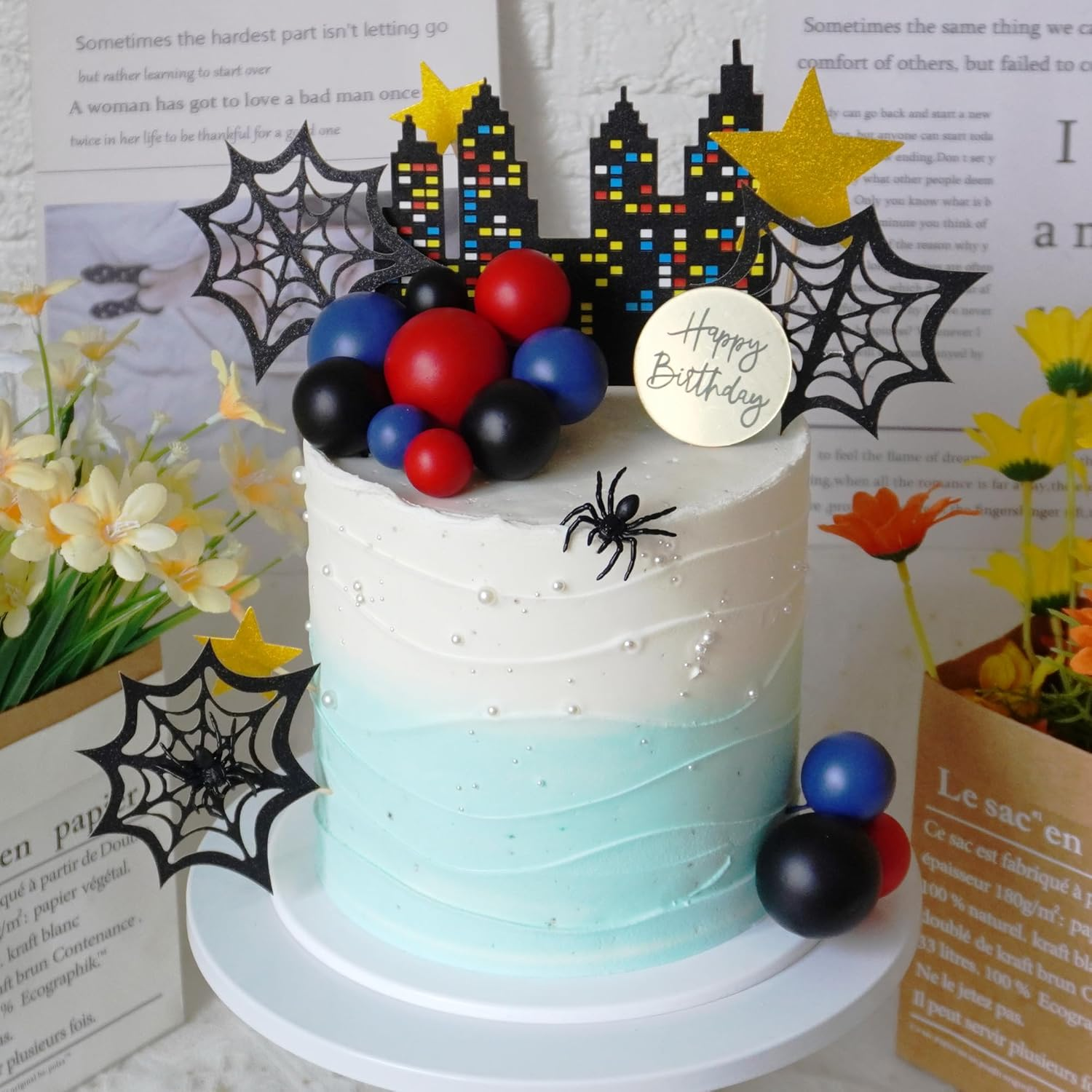 DRWATE Spider Cake Topper with Black Red and Blue Balls Spiders Webs Stars City for Boys Men Birthday Party Baby Shower Supplies (City) image number 1