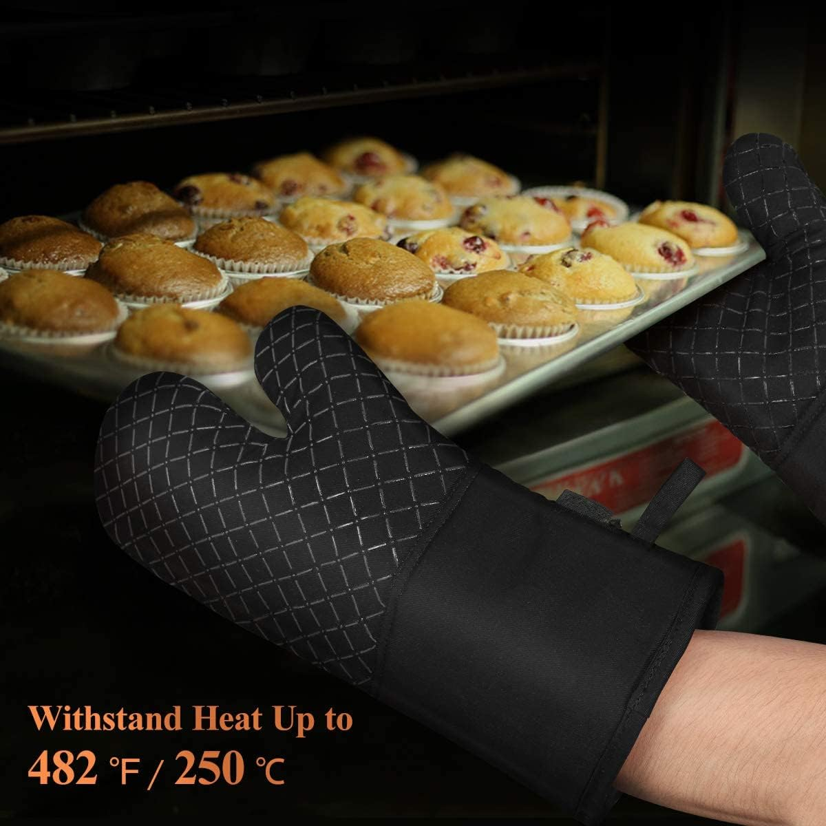 Oven Mitts and Pot Holders 4Pcs Set, Kitchen Oven Glove High Heat Resistant Extra Long Oven Mitts and Potholder with Non-Slip Silicone Surface for Cooking, Baking image number 1