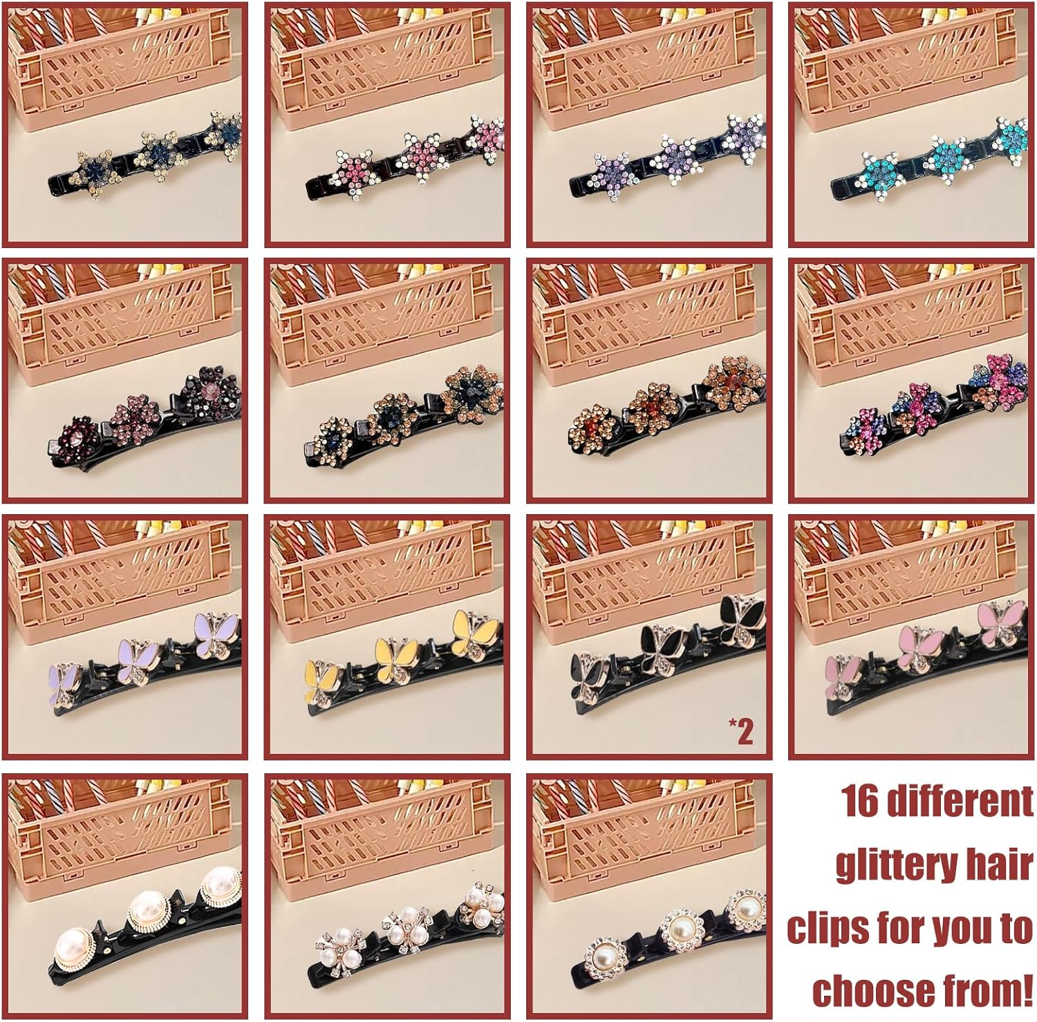 WATUNID 16 Pieces Glitter Crystal Stone Braided Hair Clips, Rhinestone Pearl Four Leaf Clover Rose Flower Double Layer Section Hair Clip with 3 Small Clips, Hair Accessories for Women image number 6