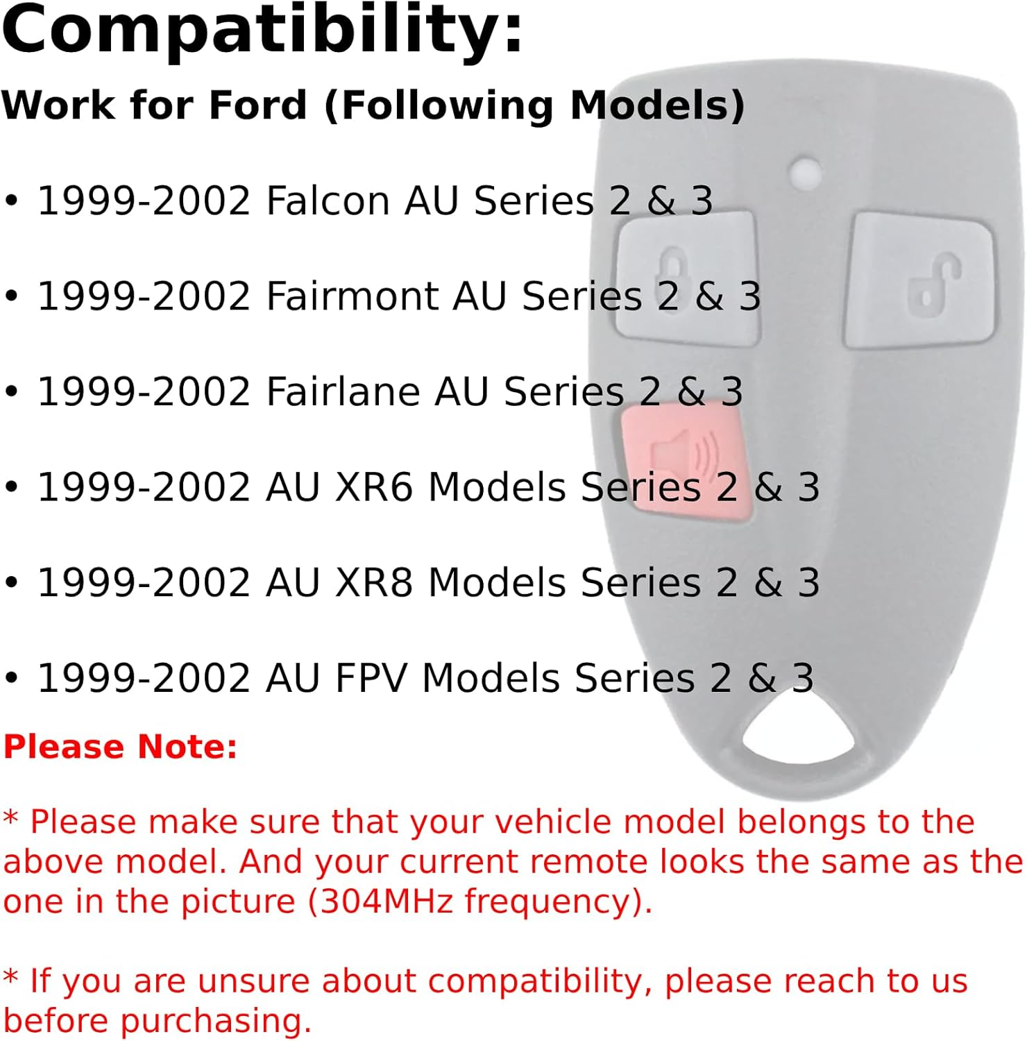 QSDIYRF 3-Button Car Remote Control Compatible with Ford Falcon/Fairmont/Fairlane/Xr6/Xr8/Fpv AU Series 2 & 3 1999-2002 AU2/AU3 Vehicle Models, 304Mhz Complete Remote Replacement, 1 Pack image number 2