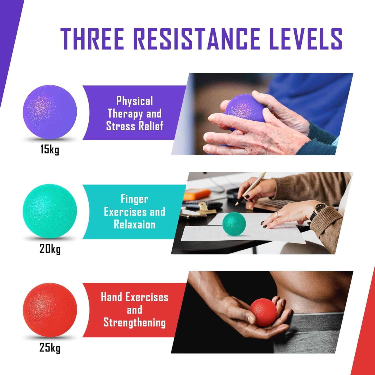 3 Pack Stress Balls for Adults, Squeeze Balls for Hand Therapy, Hand Strengthening Devices with Different Resistance Levels for Finger Forearm Wrist Exercise Relaxation and Pain Relief-2