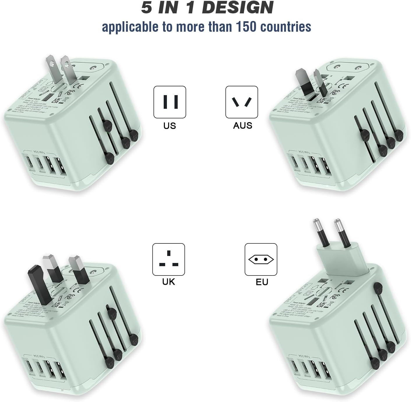 Universal International Power Travel Plug Adapter, 5 in 1 European Travel Plug Adapter W/ 3.5A 2Xusb-A and 2Xusb C Wall Charger and Worldwide AC Outlet for Europe USA Japan UK AUS Asia-Green image number 5