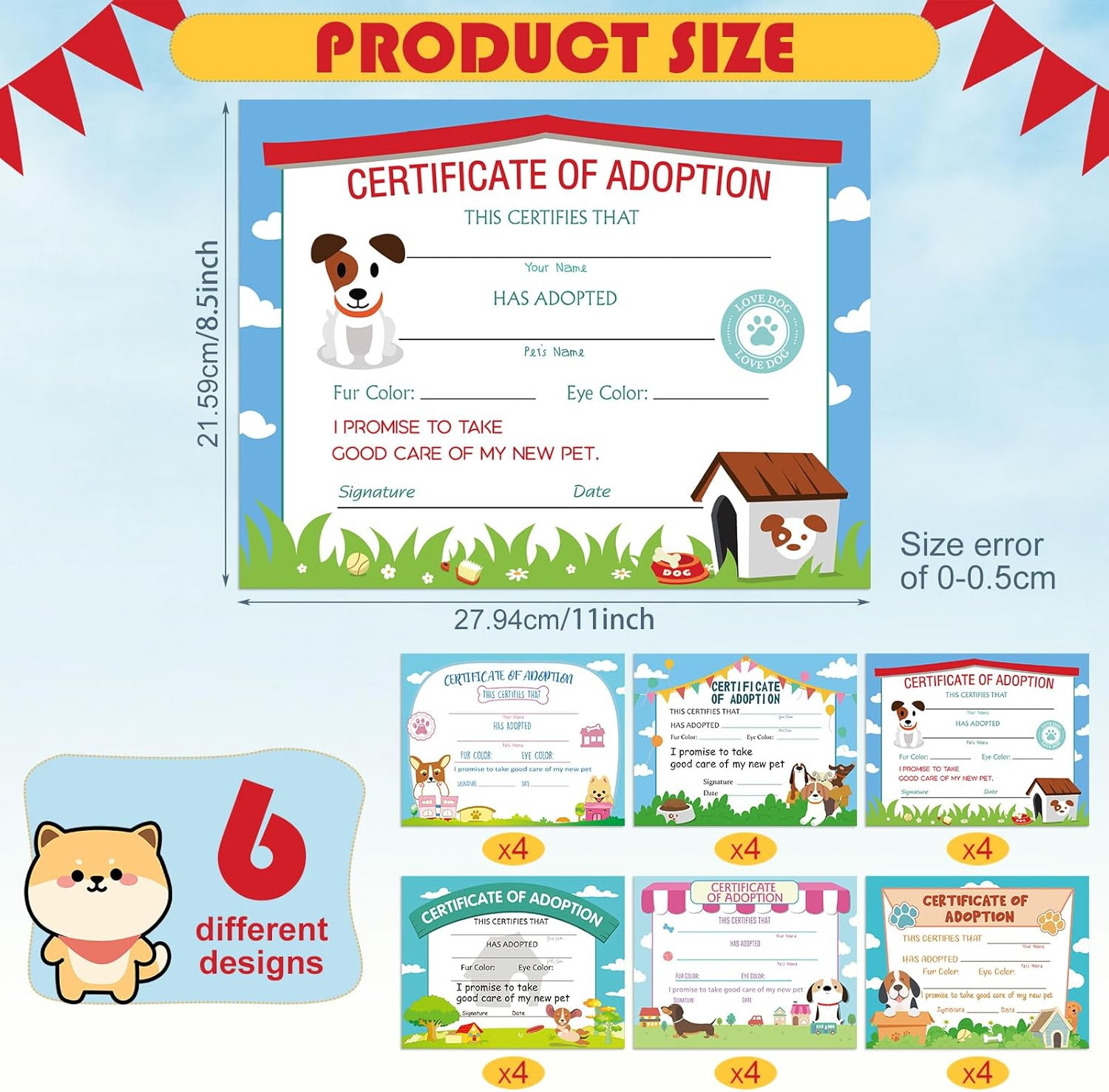 Dunzoom 24 Pcs Dog Adoption Certificates Adopt Puppy Certificate for Puppy Parties & Pet Adoption Centers 11 X 8.5 Inches