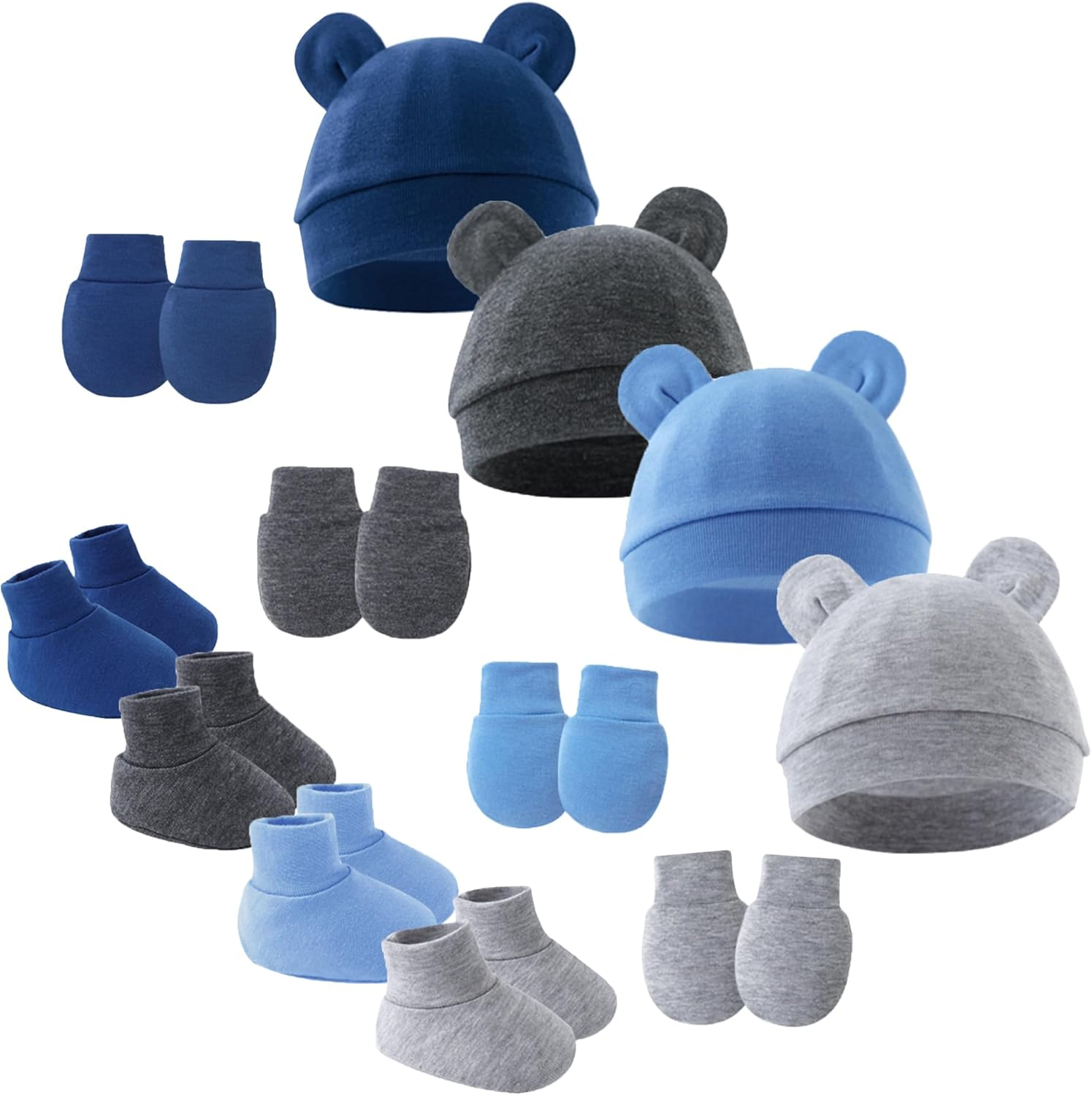 SEAUR Baby Cotton Hat, Mittens, Caps and Socks Set - Newborn Infant Hospital Hats and Mitten Set - Cute Beanie image number 2