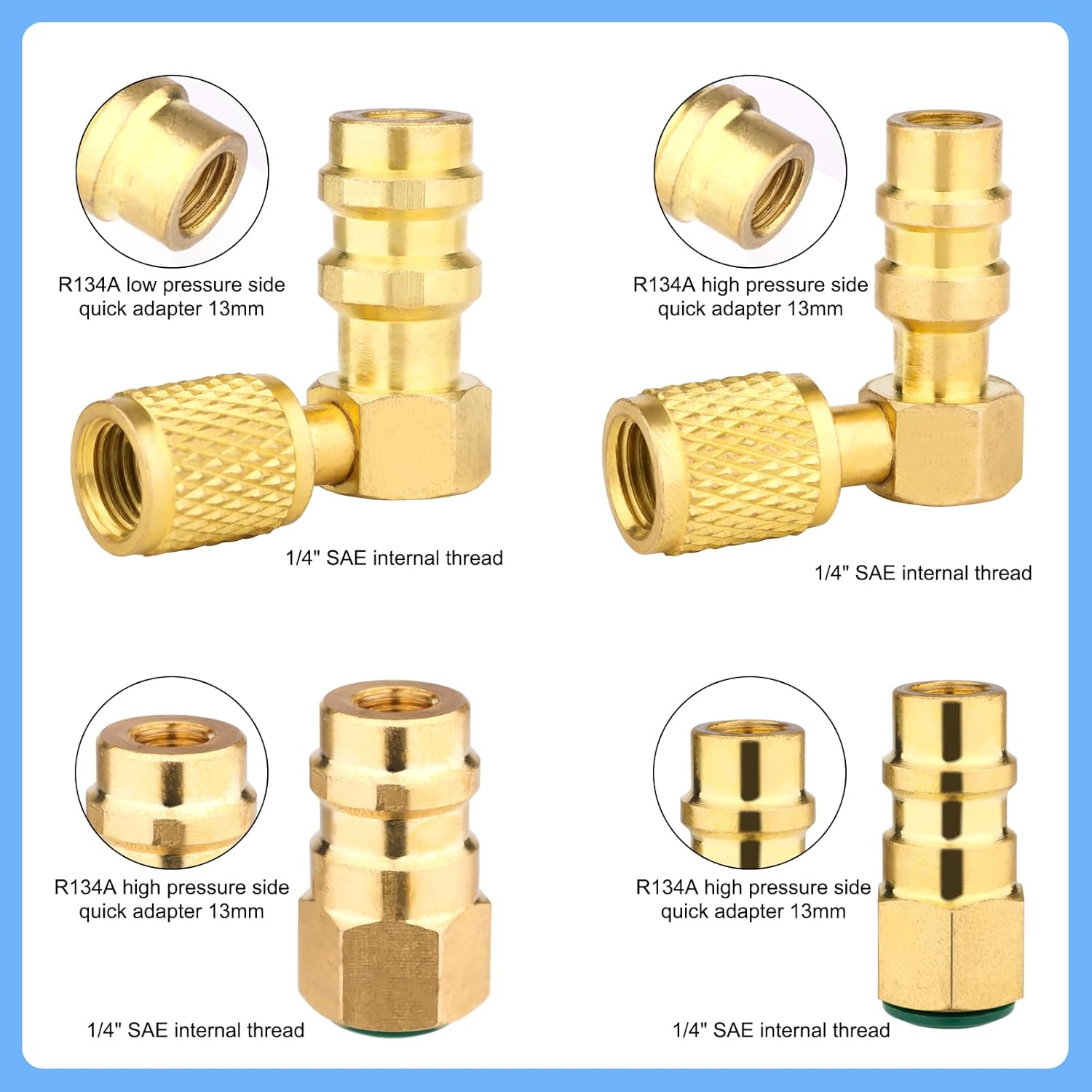 R12 to R134A AC Fitting Conversion Adapter Kit, Quick Connector Valve A/C 90&deg; Port Conversion Adapter High/Low Pressure with Valve Core Remover for AC Air Conditioner (Gold Straight Adapter) image number 1