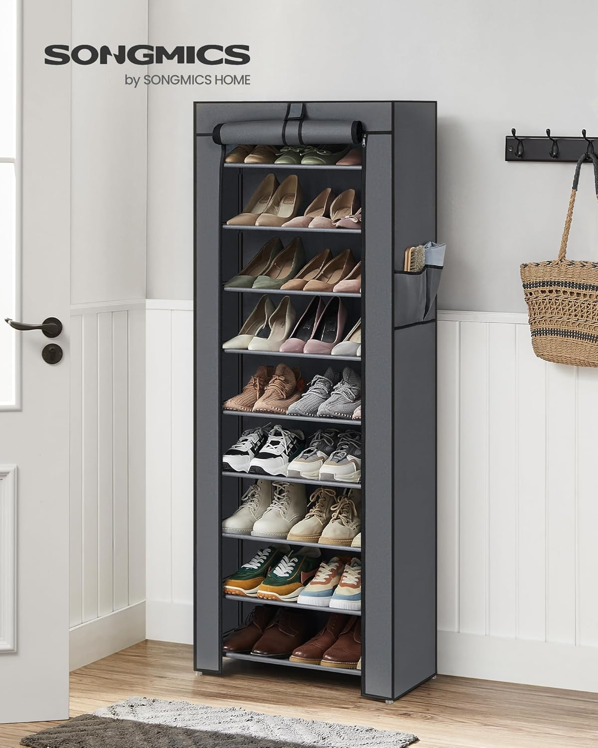 SONGMICS Shoe Rack, 9 Tier Shoe Organizer with Nonwoven Fabric Cover, Shoe Storage Shelf for 27-35 Pairs of Shoes, Entryway, Suitable for Sneakers, High Heels, Flats, and Boots, Grey URXJ10G image number 5