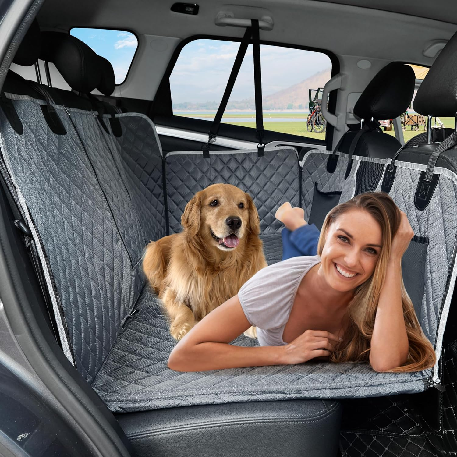 Back Seat Extender,Dog Car Seat Cover,Waterproof Pet Hammock Travel Bed,Durable Camping Air Mattress,Non Inflatable Car Bed Mattress Easy Clean for Car SUV Truck (Grey)