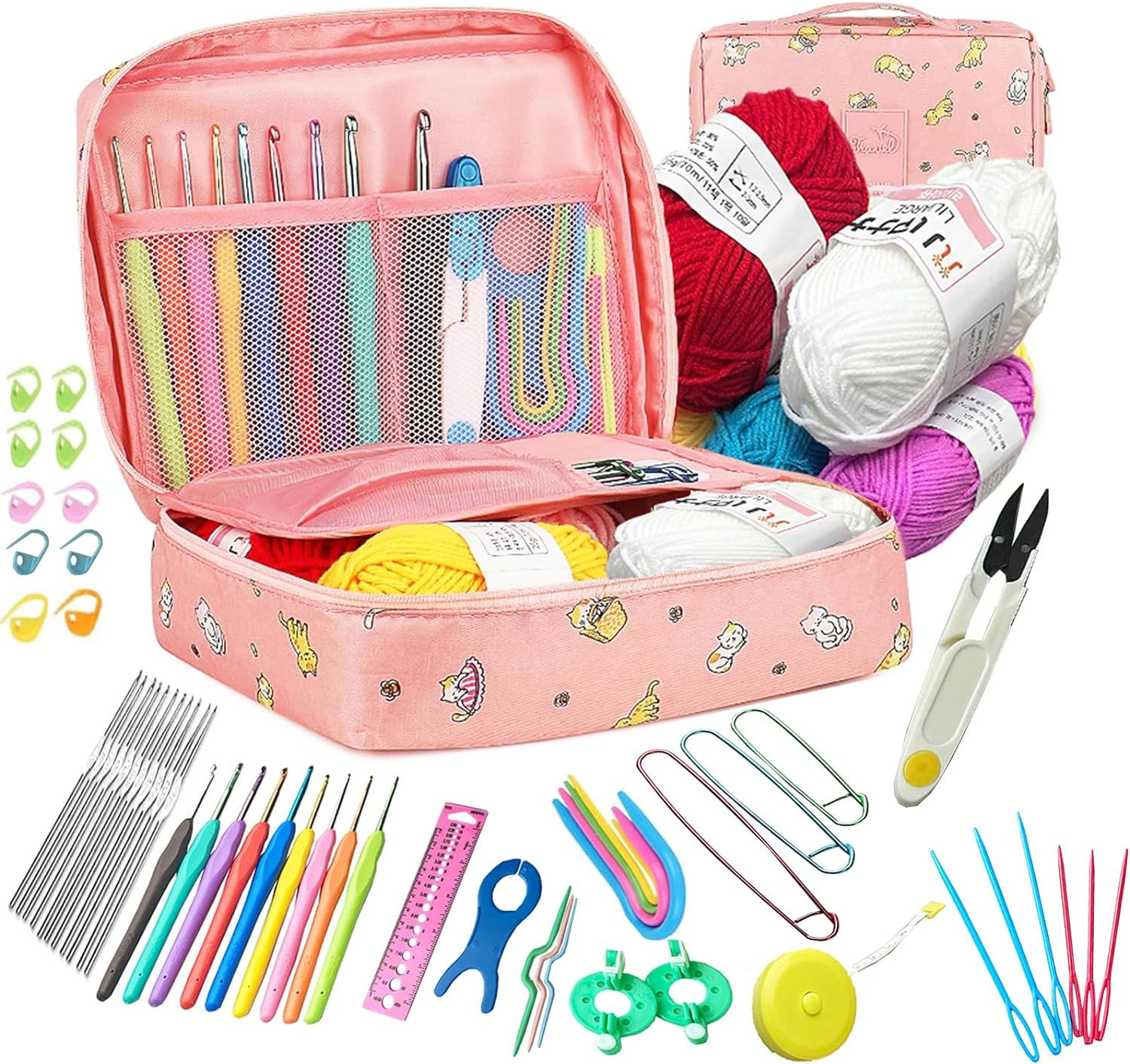 59 Pcs Crochet Hooks Kit Knitting Starter Kit for Adults Ergonomic Crochet Soft Grip Handle Crochet Tools DIY Weave Yarn Kits with Carry Bag Hooks Set for Beginners Adults (Pink) image number 4