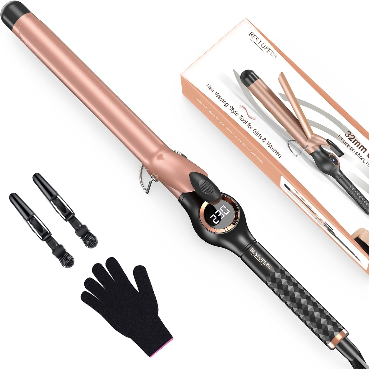 BESTOPE PRO 25 Mm Curling Iron, Curling Iron, Large Curls, Multi-Temperature, Extension Design Hair Curler, Quick Heating Curling Irons with Large LCD Display, with Clamp and Glove