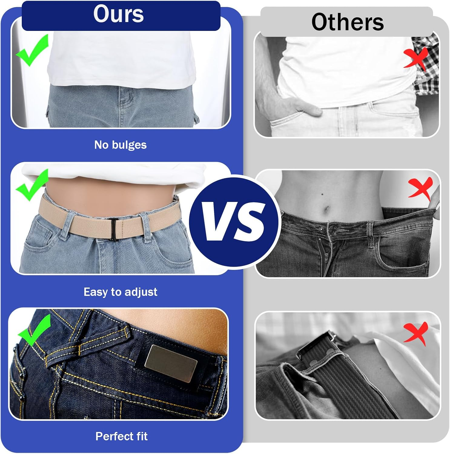 Heclia 3PCS No Show Stretch Belt for Women, Elastic Stretch Belt with Flat Buckle for Pants Jeans Dresses, Adjustable Invisible Strap Belts Fashion Classic Solid Color Lady Wasit Belts - Black image number 3