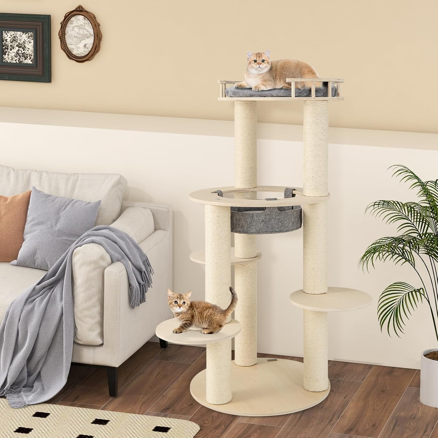Costway 5-Level Wooden Cat Tree, Modern Cat Tower W/Padded Perch, Non-Woven Hammock, Fully Wrapped Sisal Scratching Posts, 3 Platforms, All-In-One Kitten Activity Center for Indoor Kittens image number 2