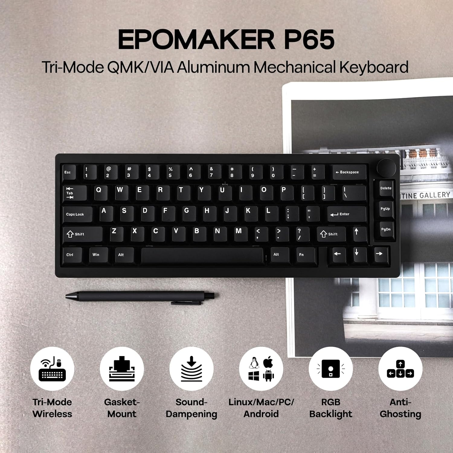 EPOMAKER P65 QMK/VIA Wireless Aluminum Gaming Keyboard, Gasket-Mount, Bluetooth/2.4Ghz/Usb(A to C), Hot Swappable, N-Key Rollover, for Mac/Pc/Ps/Xbox (Black, Zebra Switch) image number 6