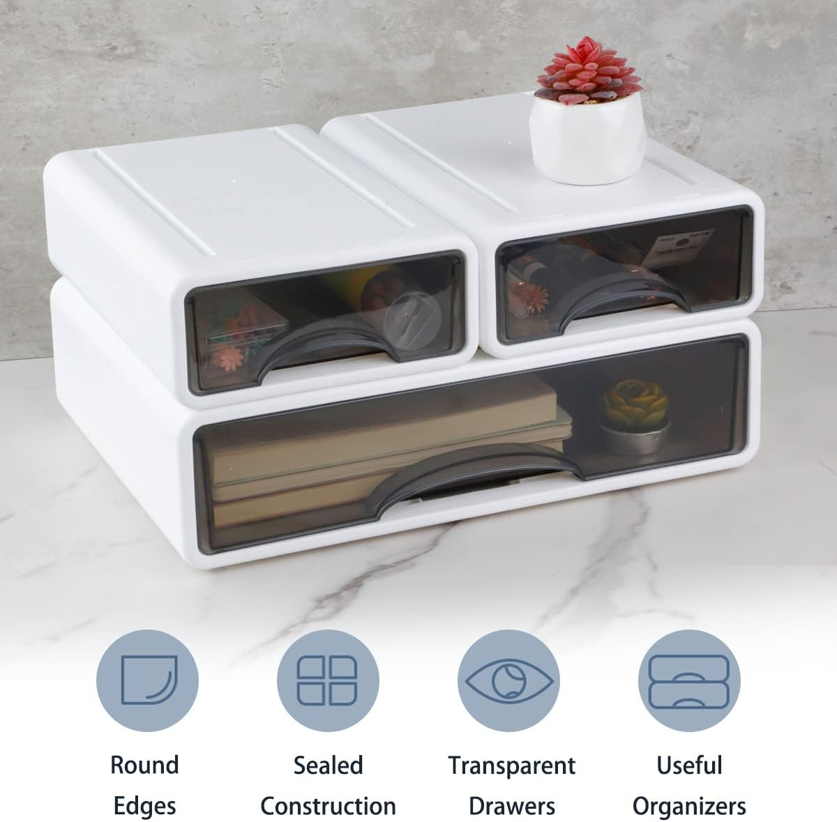 Stackable Desk Organizer, FHDUSRYO Large Desktop Storage Box with 3 Drawers, 13&rdquo; Wide Letter Size Desk Organizer and Accessories, Plastic Drawer Organizer for Office, Document, Makeup (White, 3Pcs) image number 3