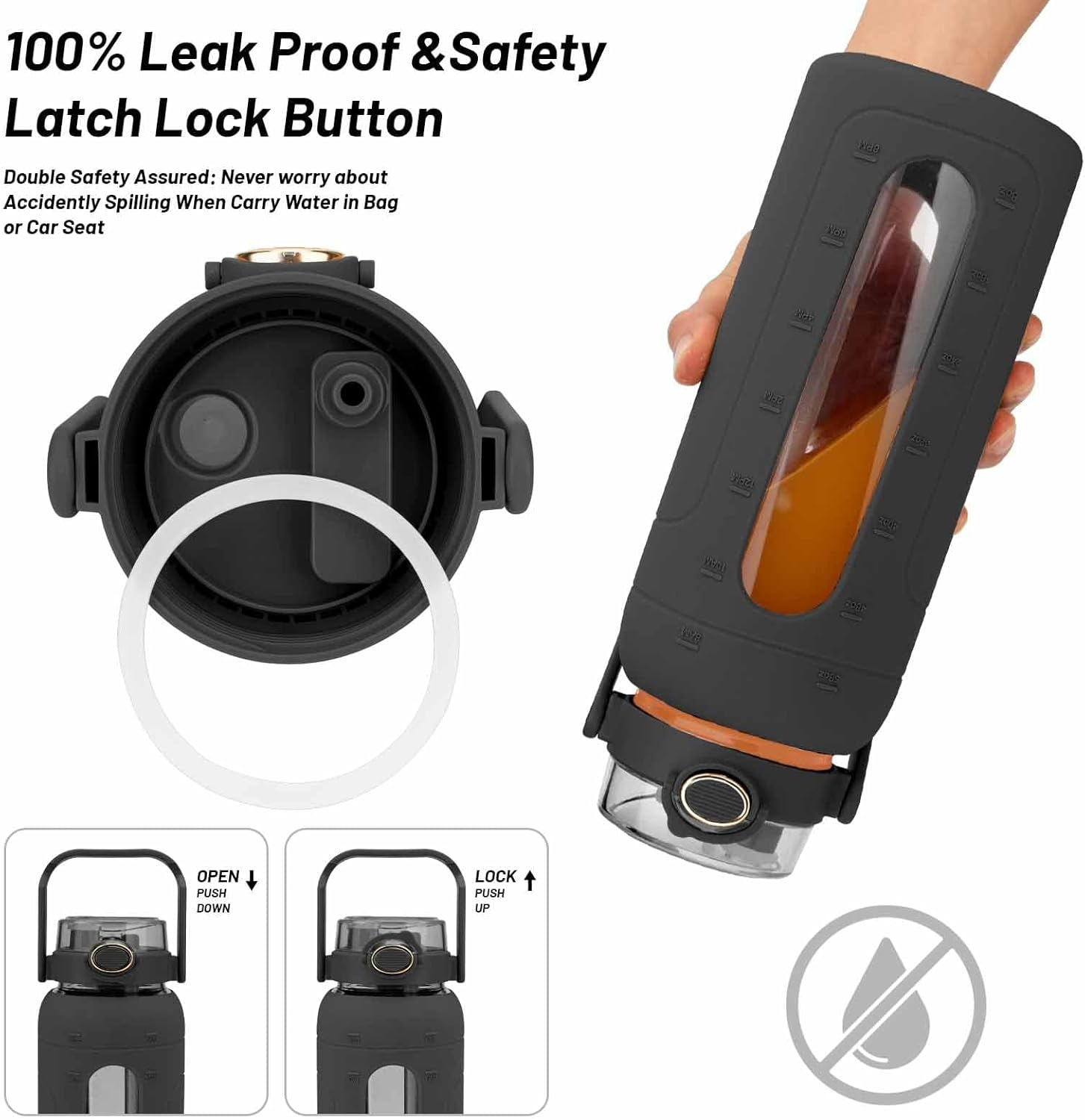 Tronco 64 Oz Glass Water Bottles with Straw and Handle Lid,Half Gallon Water Bottle with Silicone Sleeve&Time Marker,Large Reusable Motivational Glass Water Jug Leakproof for Gym/Workout/Travel - Beige image number 6