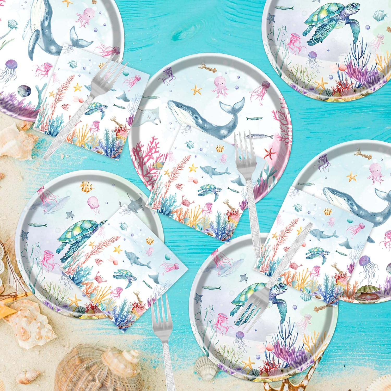 Under the Sea Party Decorations, 96PCS Ocean Themed Party Plates and Napkins Forks Decorations, Ocean Animals Disposable Underwater Whales Dolphins Baby Shower Supplies Serve 24