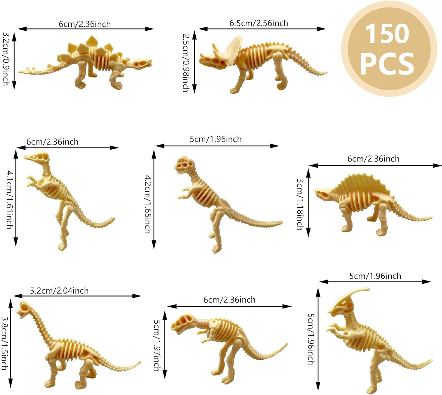 150PCS Dinosaur Fossil Skeleton Dinosaur Skeleton Toys Assorted Figures Dino Bones for Birthday Party Science Play Dino Sand Dig Party Favor Decorations 2.5Inch (150Pcs) image number 2