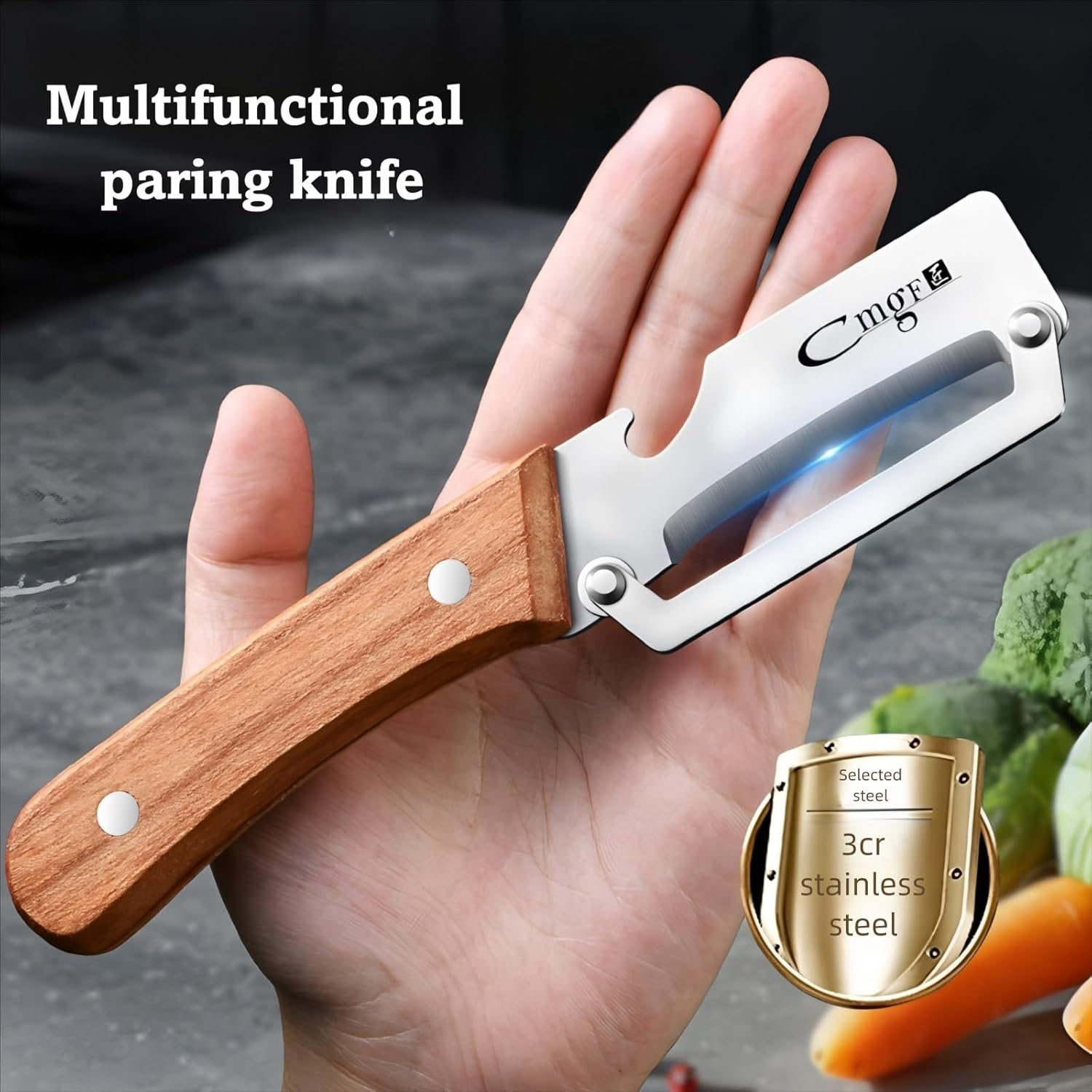 ANMIOU Premium Vegetable Peeler with Wooden Handle and Bottle Opener Stainless Steel Blade Kitchen Tool for Fruit Apple Potato Pumpkin Papaya Zucchini - Silver image number 2