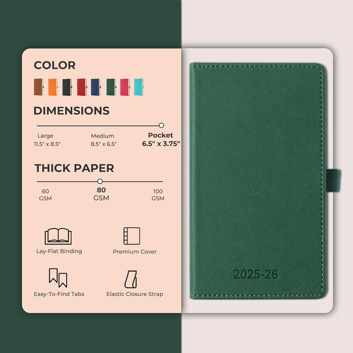 IN-LUXPRO Weekly Monthly 2025-2026 Planner (July 25-Dec 26),6.5"X3.75",18 Months Agenda Plan with Month Tabs & Pocket,Expenses/Note Pages, Academic Calendar with Vegan Leather Cover,Green image number 4