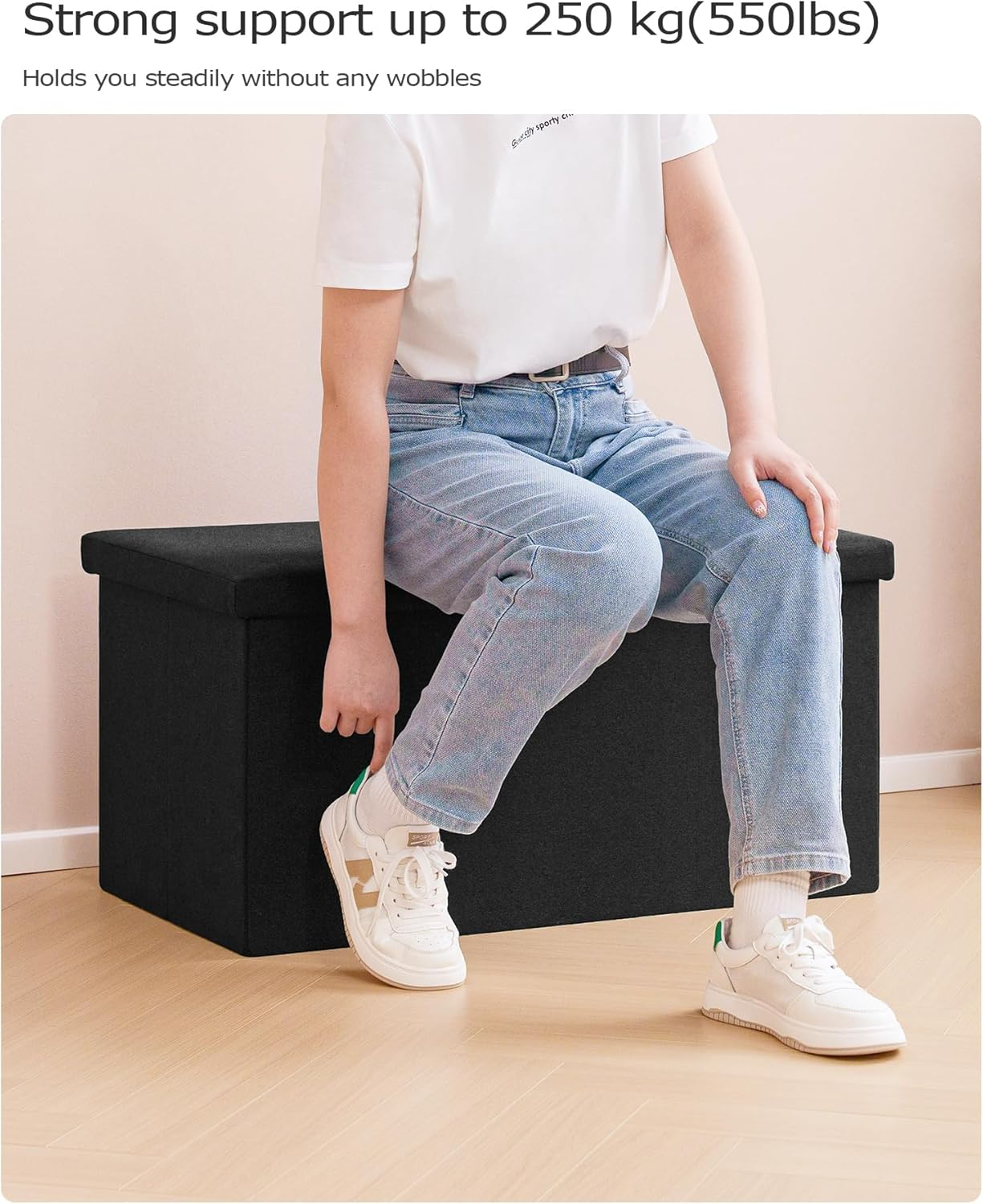 PINPLUS Folding Storage Bench, 30 Inches Ottoman Coffee Table Cube Chair Foot Rest Stool Storage Toy Chest for Living Room Bedroom, Holds up to 550 Lb (Black) - Gray image number 7