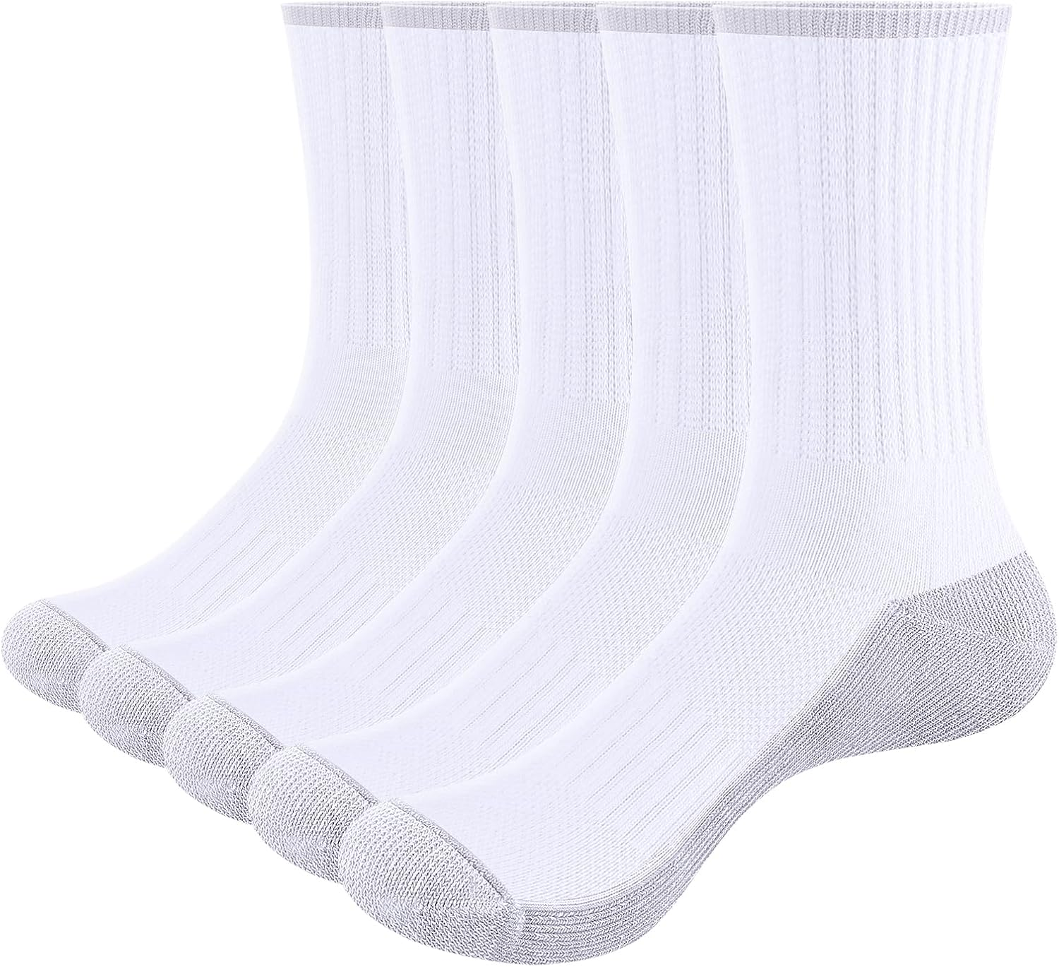 YUEDGE Men'S White Cotton Cushioned Crew Socks Mosture Wicking Mens Socks Performance Training Athletic Sports Socks Breathable Anti-Odor Work Socks for Men 9-11, 5 Pairs/Pack image number 3