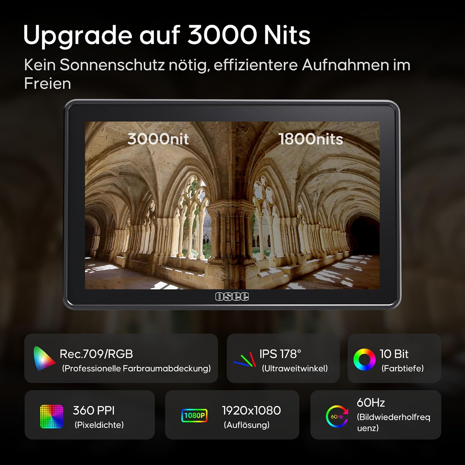 Osee G7 Pro 7 Inch Touch Screen Camera Monitor, 3000 Nits HDR Field Monitor with Camera Control, Touch to Focus DSLR Monitor with 3G-SDI 4K HDMI In/Output, 3D LUT, New User Interface image number 6