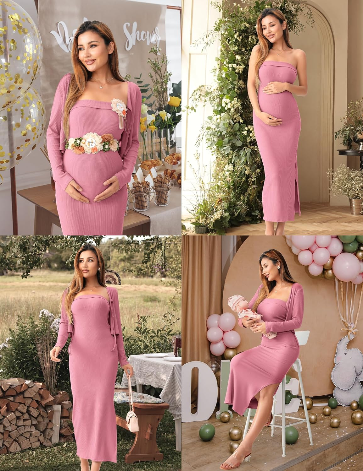 SUNNYBUY Baby Shower Maternity Tube Dress Short Cardigan Bodycon Ribbed Maxi Dress Casual 2 Piece Pregnancy Outfit Set, Dark Pink, Large image number 2